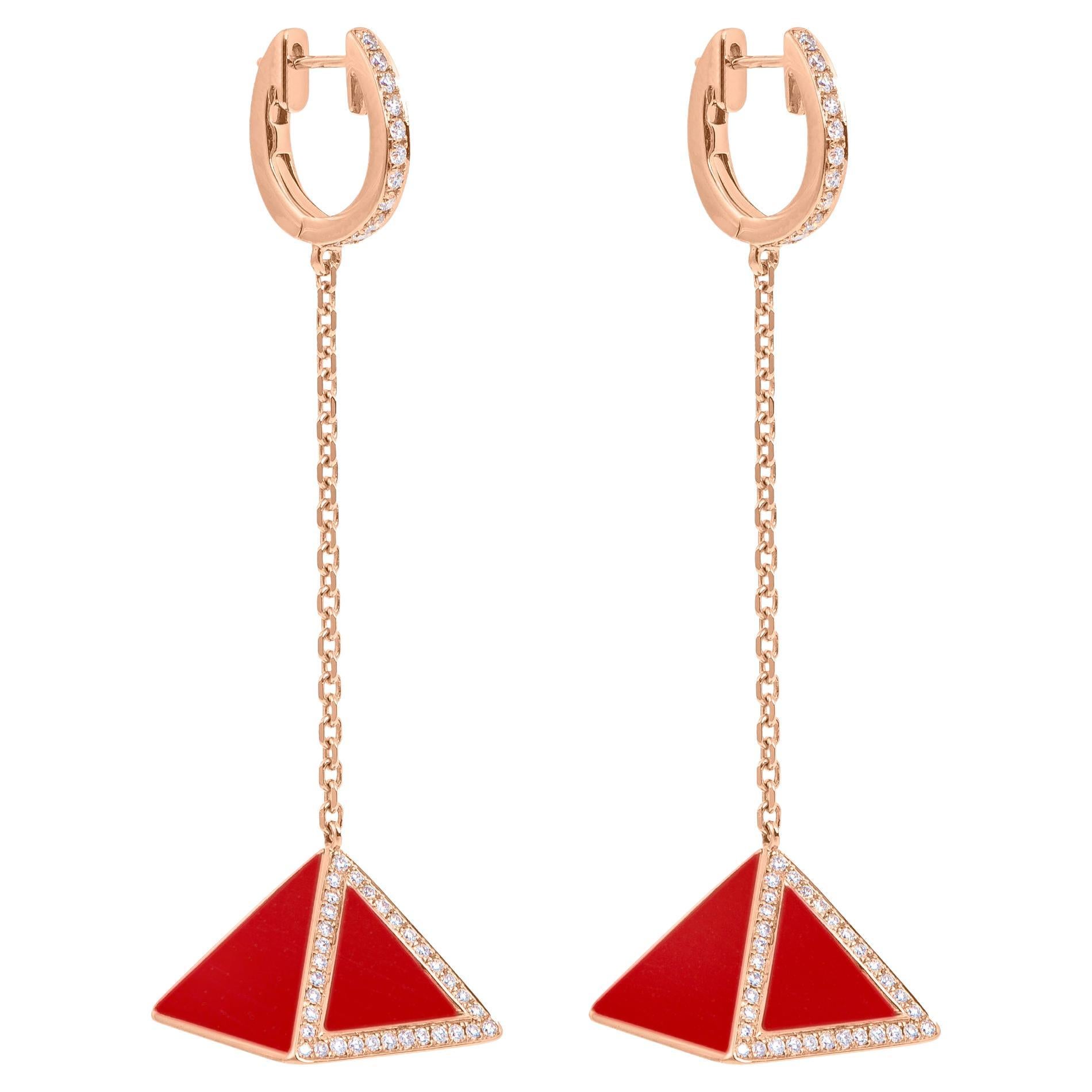 Tetra Tribus Earrings with Red Coral and Diamonds in 18K Rose Gold