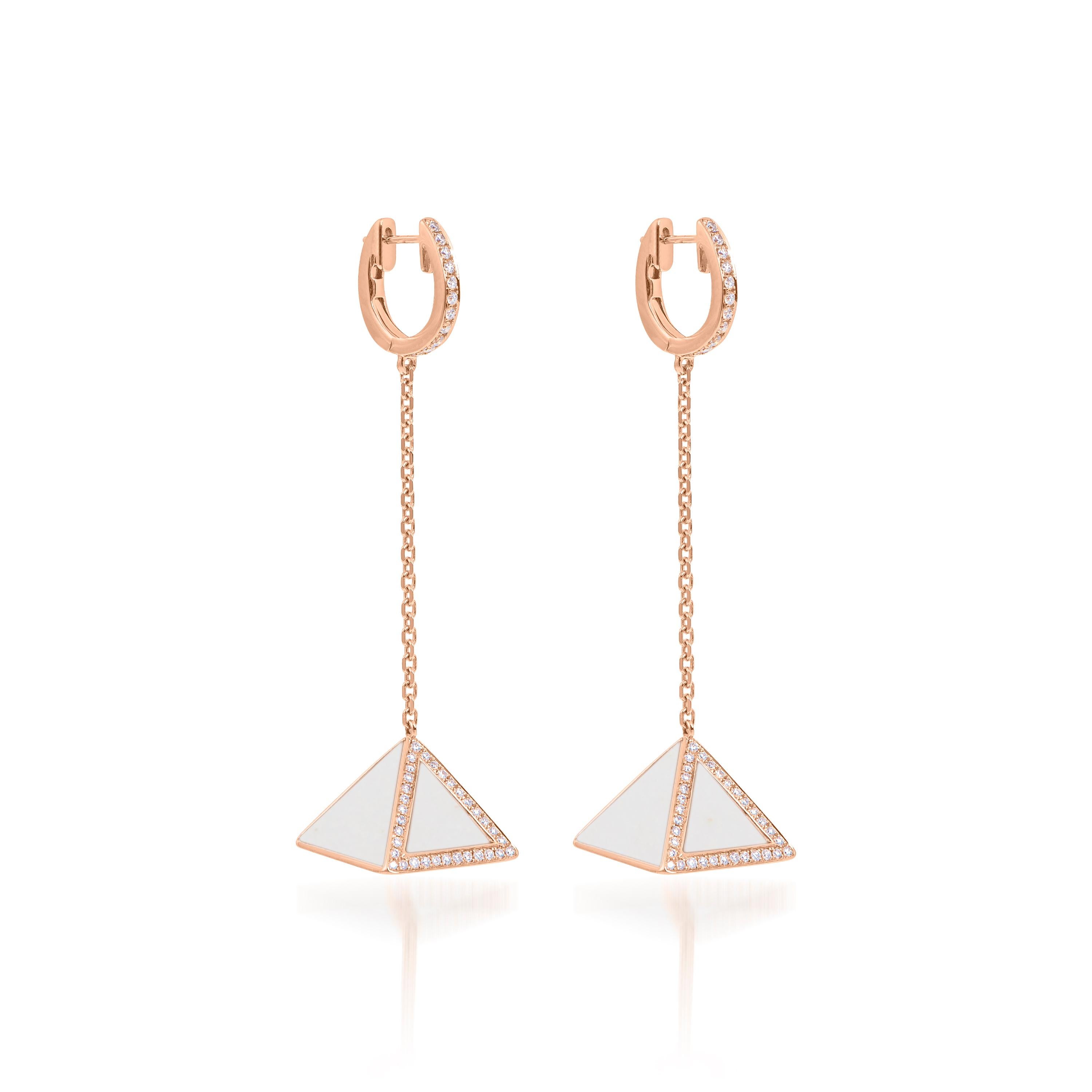Tetra Tribus Earrings with White Agate and Diamonds in 18K Rose Gold