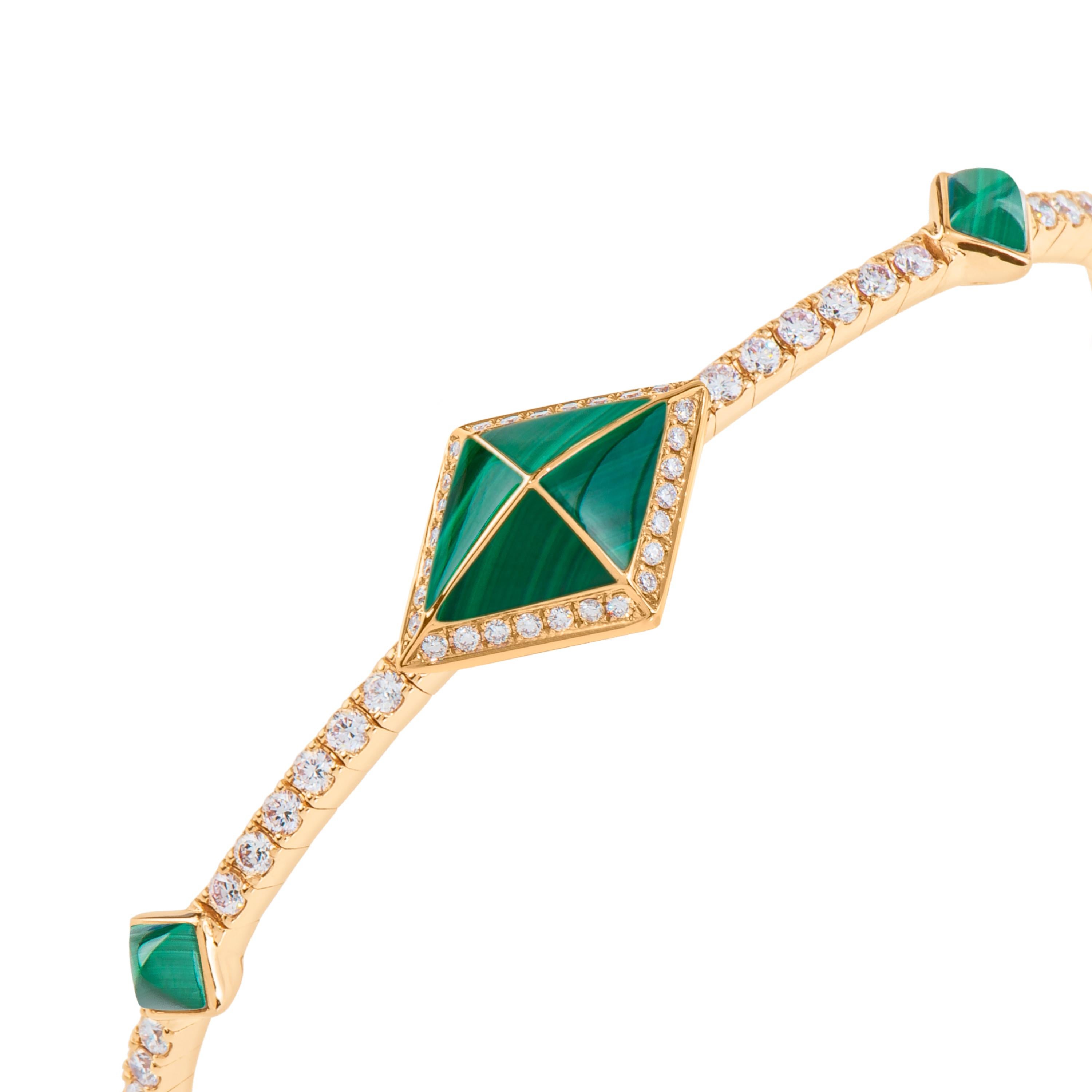 Contemporary Tetra Zenith Bangle with Malachite and Diamonds in 18K Yellow Gold For Sale