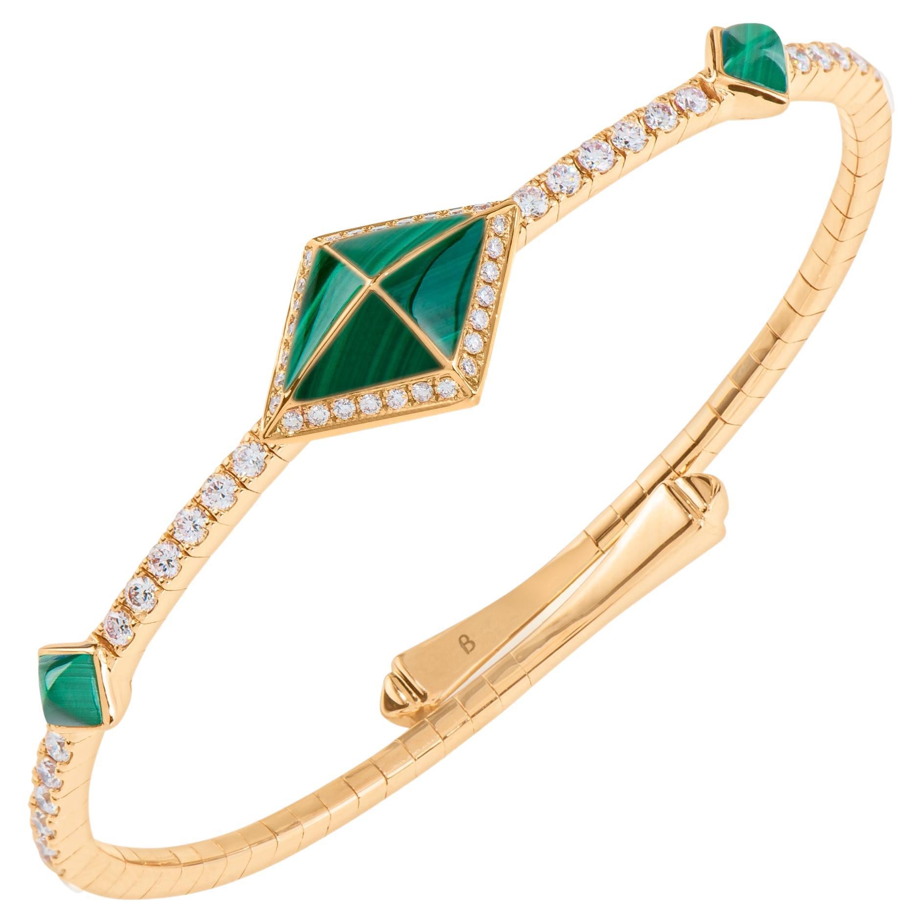 Tetra Zenith Bangle with Malachite and Diamonds in 18K Yellow Gold For Sale