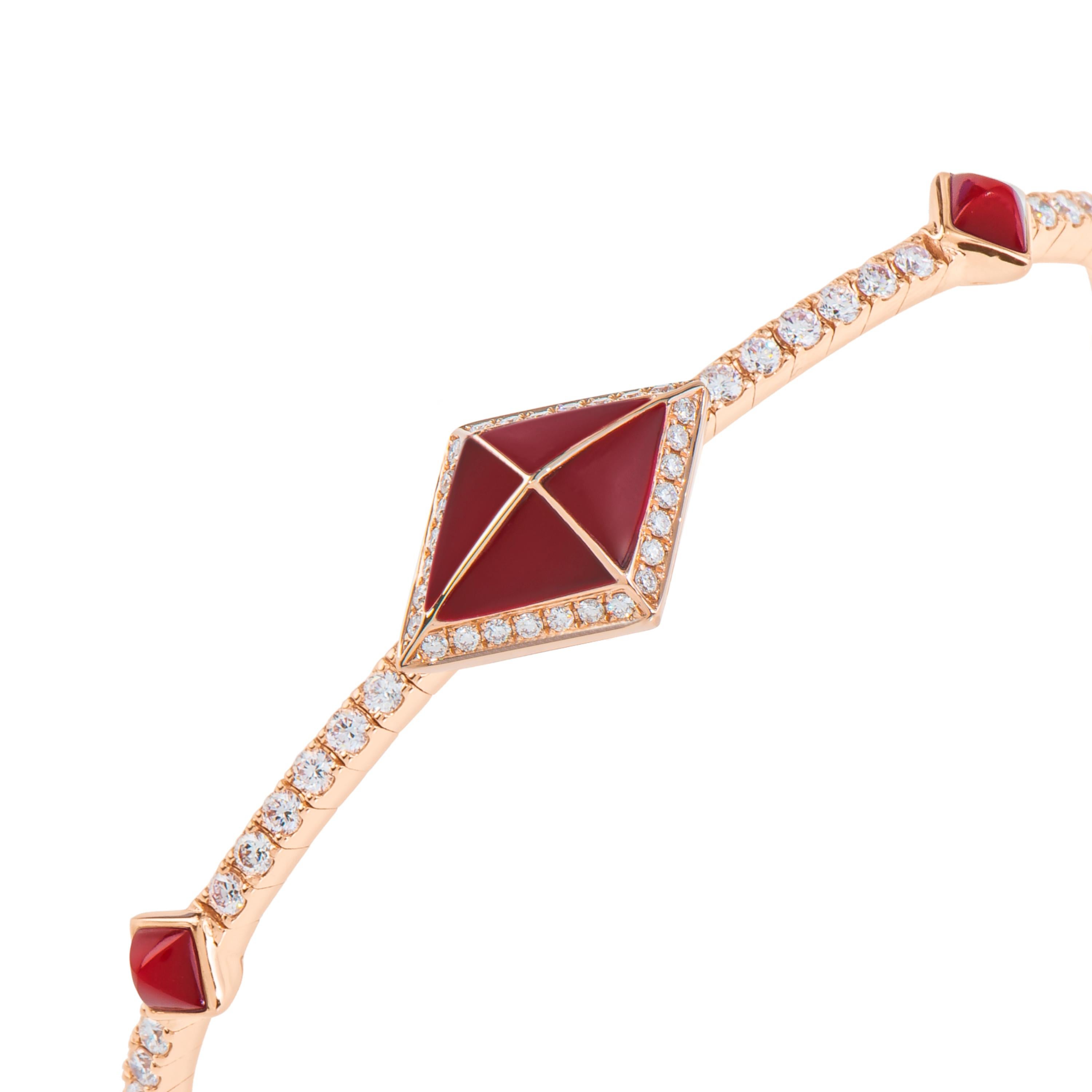 Contemporary Tetra Zenith Bangle with Red Coral and Diamonds in 18K Rose Gold For Sale