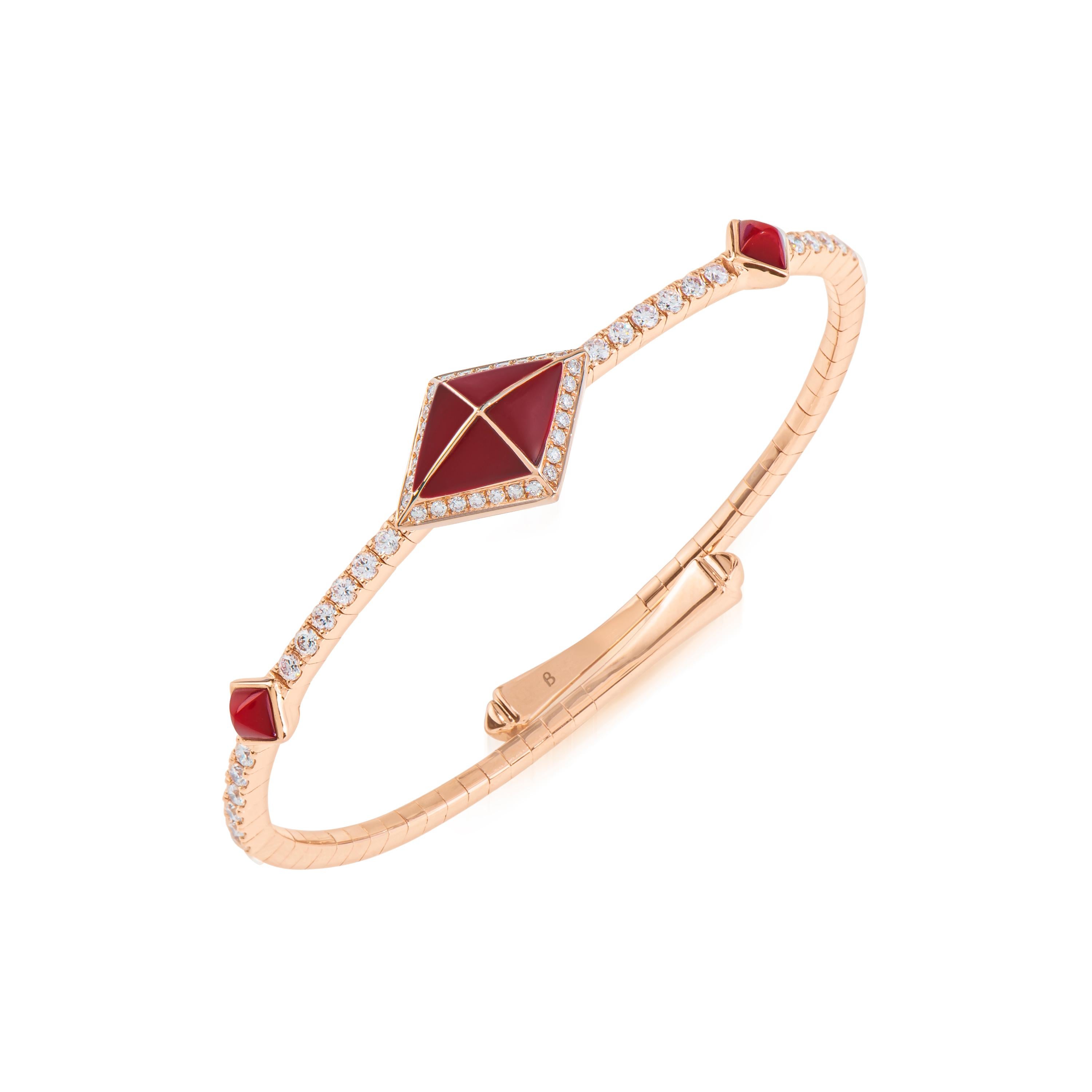 Rose Cut Tetra Zenith Bangle with Red Coral and Diamonds in 18K Rose Gold For Sale