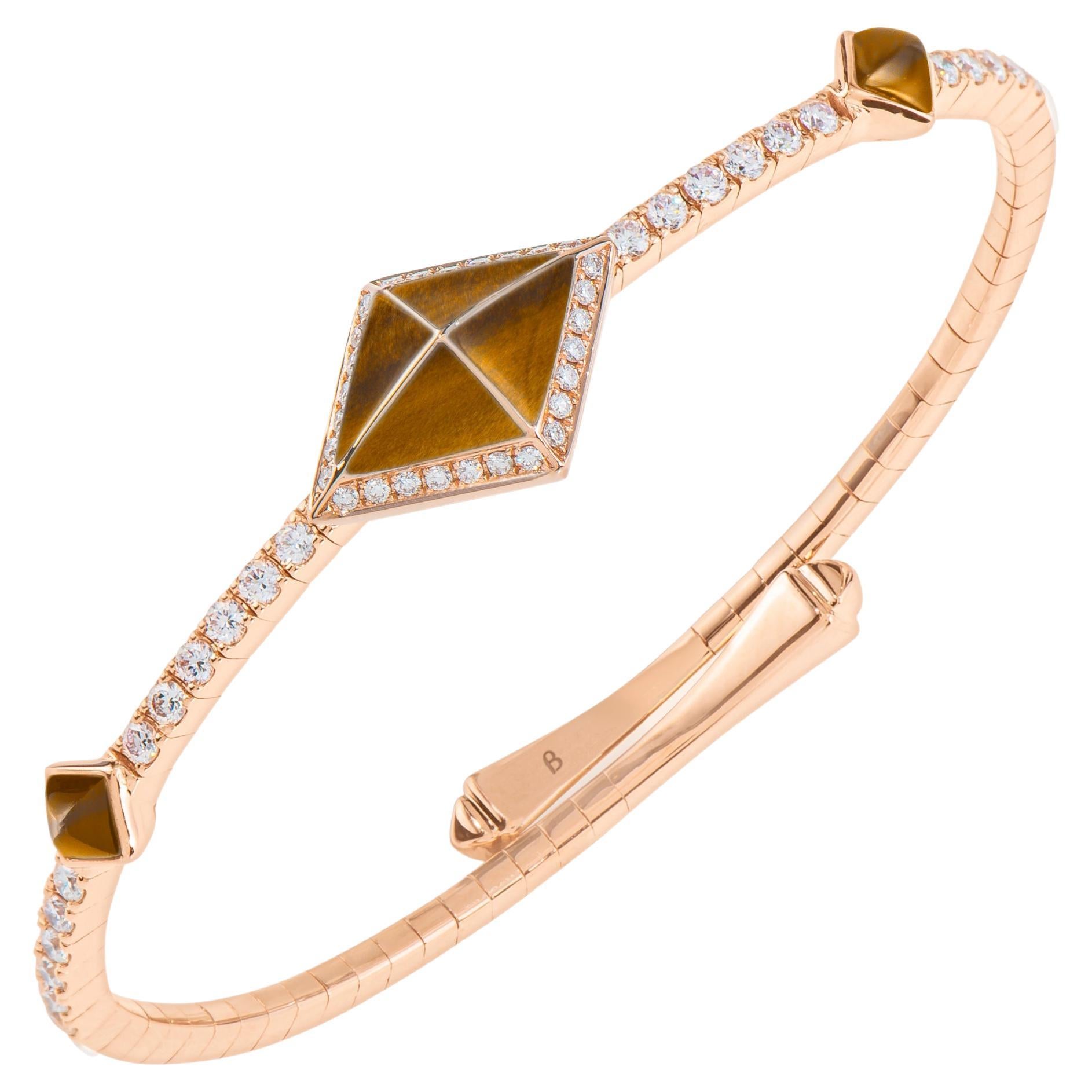 Tetra Zenith Bangle with Tiger Eye and Diamonds in 18K Rose Gold For Sale