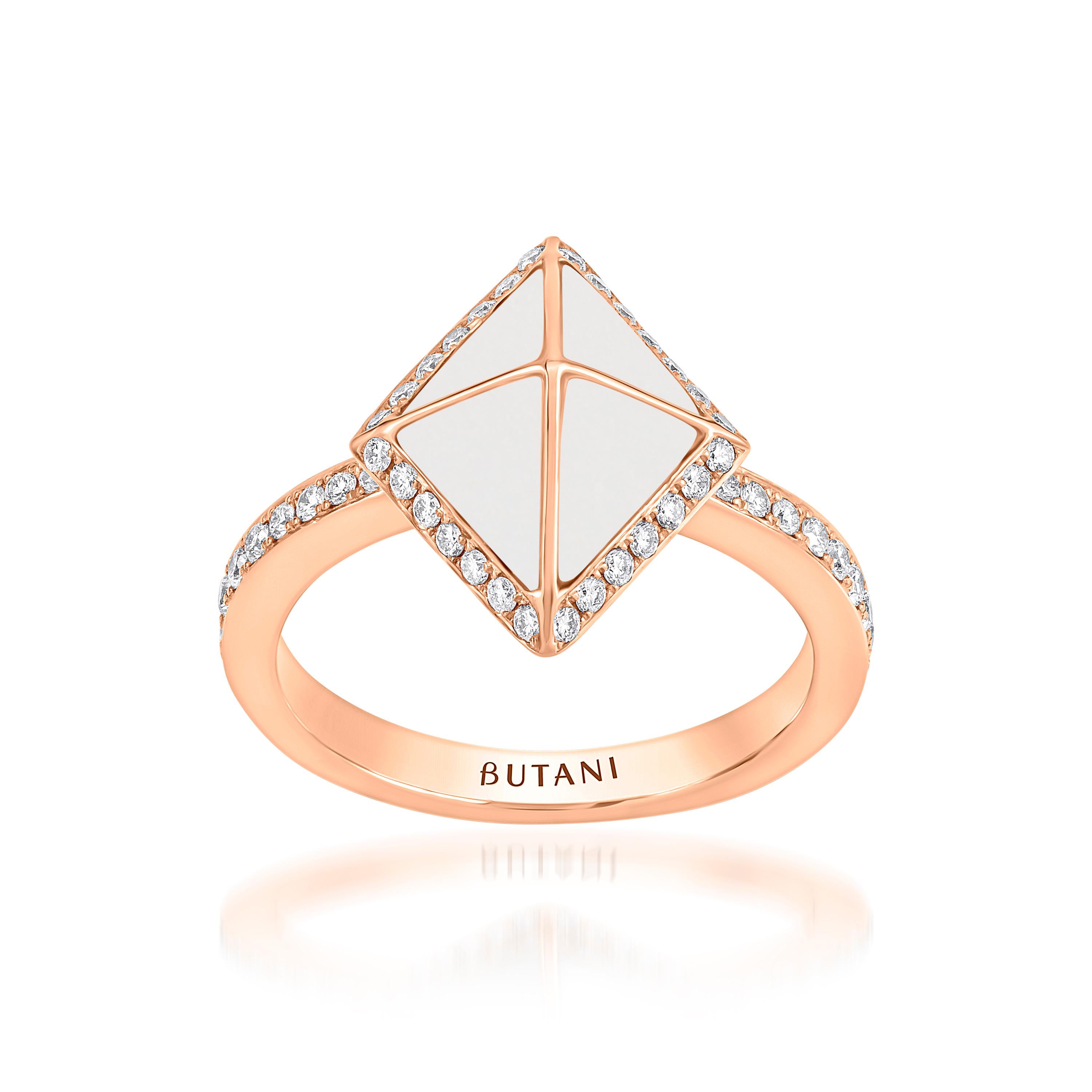 Through graphic, contemporary lines, Butani’s Tetra collection celebrates the beauty of symmetry while reimagining classic motifs of the past. 

Powerful and elegant, the Tetra Zenith Ring draws eyes and forms a striking focal point on the finger. A