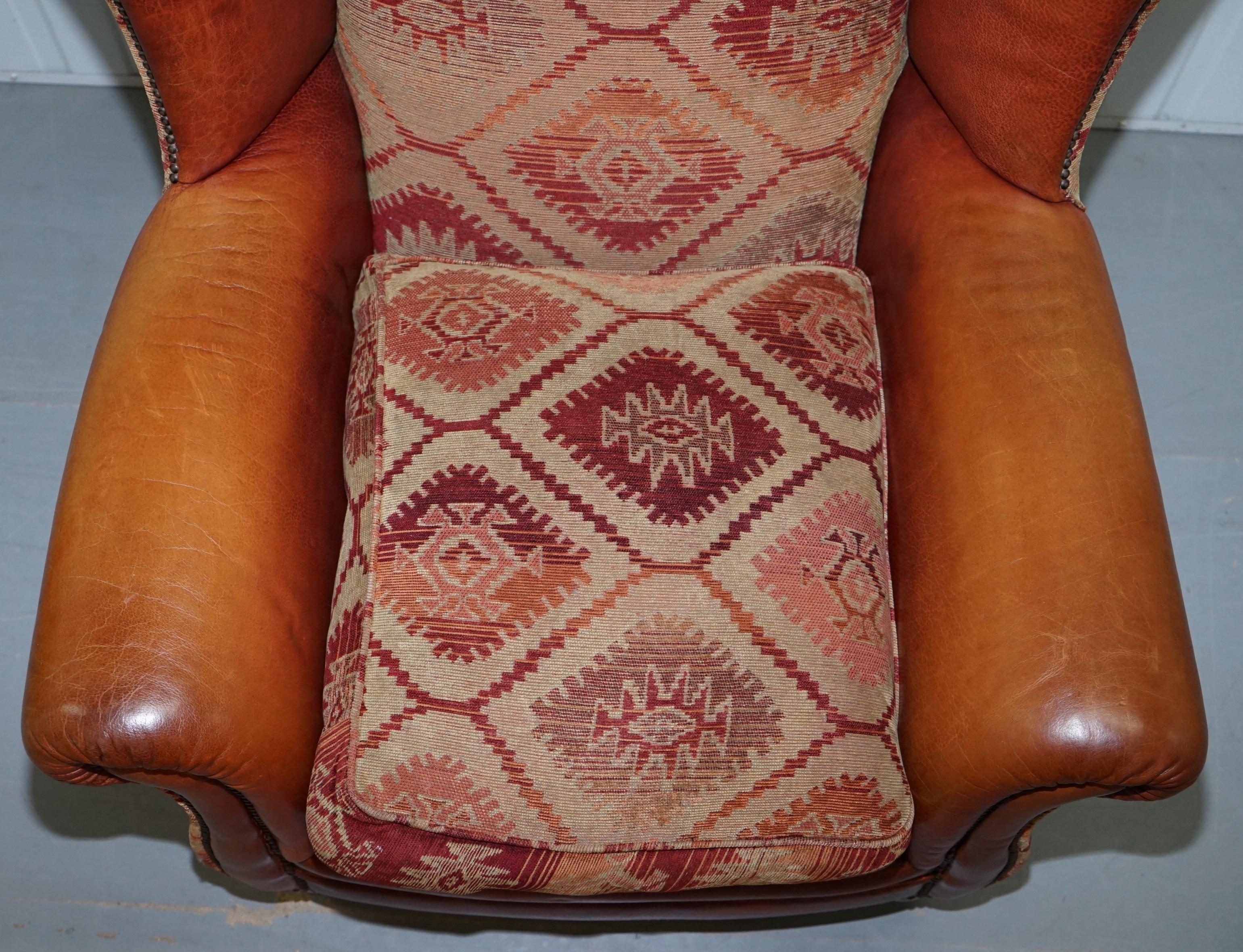 Modern Tetrad Eastwood Brown Leather and Kilim Upholstery Armchair Lovely