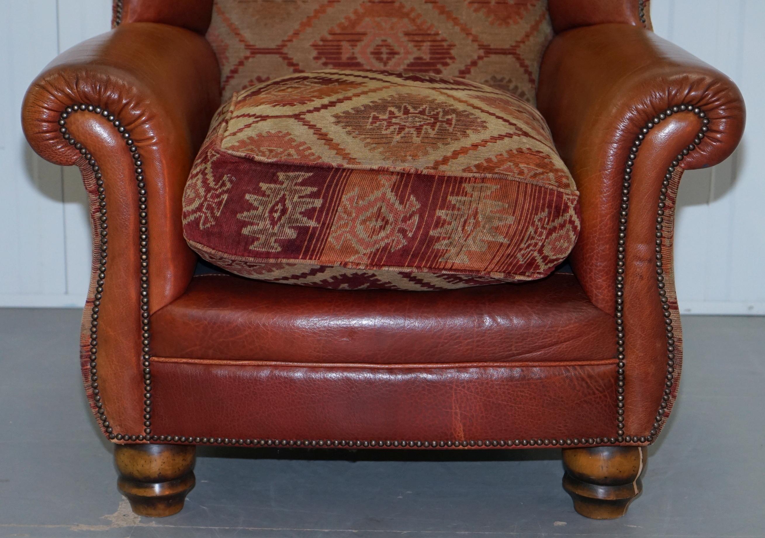 Contemporary Tetrad Eastwood Brown Leather and Kilim Upholstery Armchair Lovely