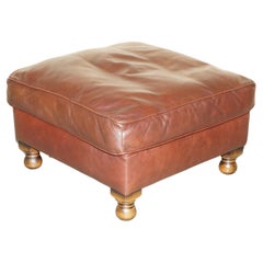 Tetrad England Reddish Brown Leather Square Footstool Feather Filled Cushion