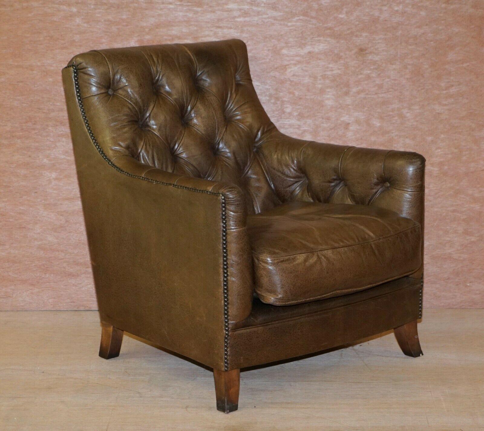 We are delighted to offer this lovely heritage brown leather Tetrad club armchair and matching footstool with Chesterfield buttoning 

A very good looking and well made pair, they are very comfortable and look amazing in an setting 

We have