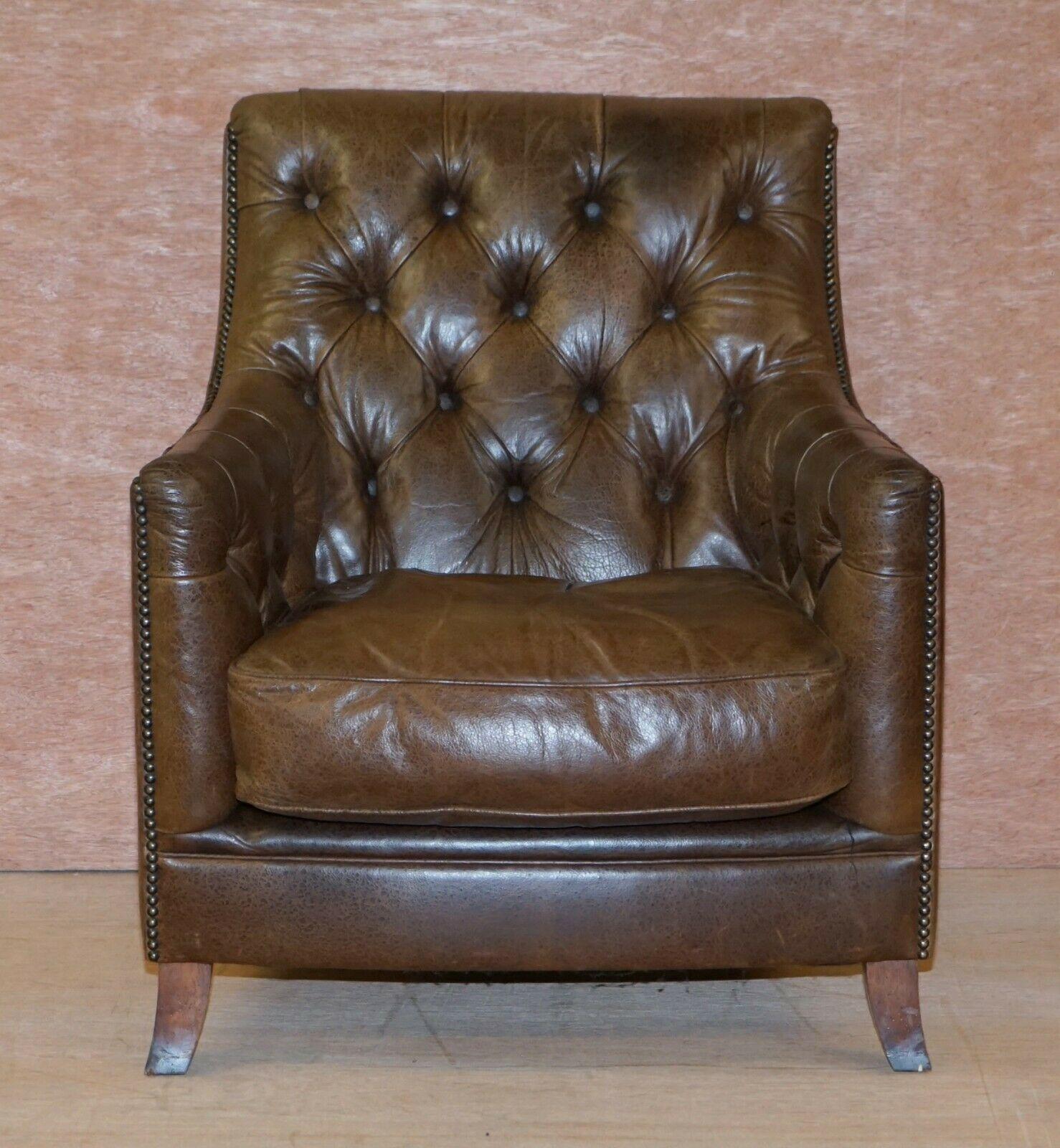English Tetrad Heritage Brown Leather Chesterfield Club Armchair & Matching Footstool
