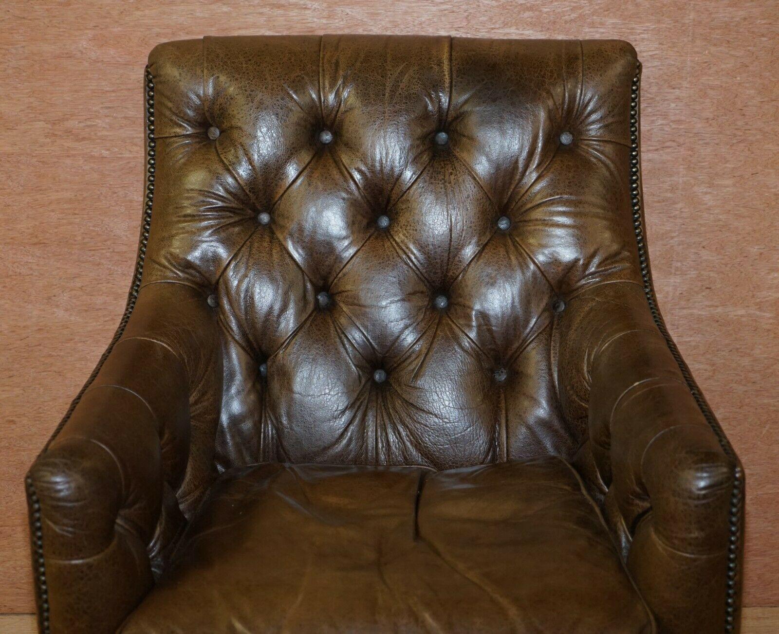 Hand-Crafted Tetrad Heritage Brown Leather Chesterfield Club Armchair & Matching Footstool