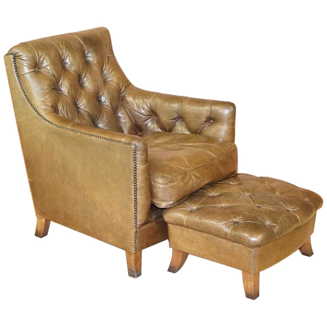Tetrad Heritage Brown Leather Chesterfield Club Armchair & Matching Footstool