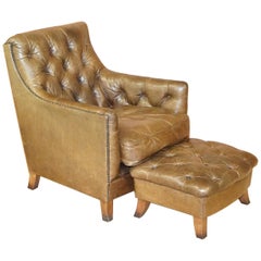 Vintage Tetrad Heritage Brown Leather Chesterfield Club Armchair & Matching Footstool