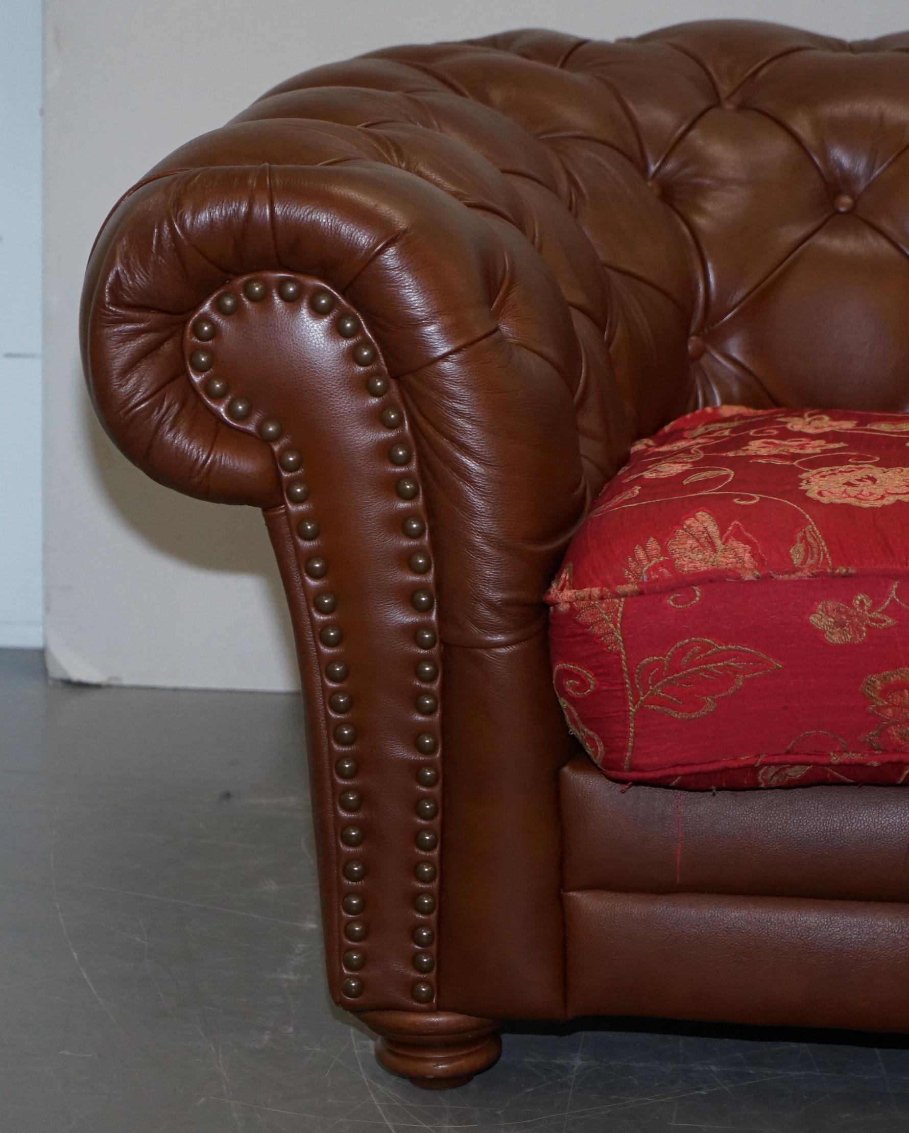 20th Century Tetrad Made in England Brown Leather Chesterfield Armchair Part of Full Suite For Sale