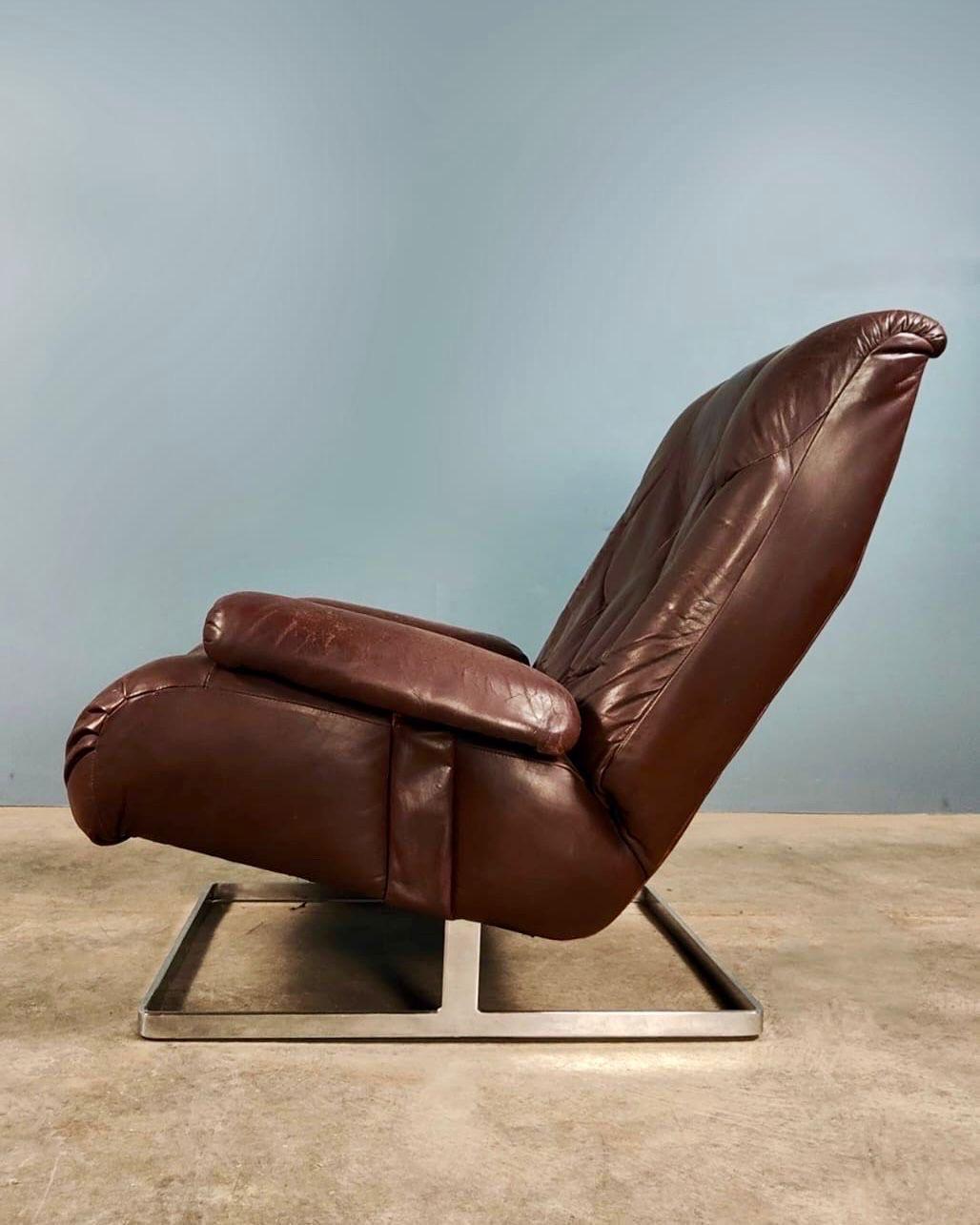 British Tetrad Nucleus Brown Armchair Leather Chairs Sofa Mid Century Vintage Retro MCM For Sale