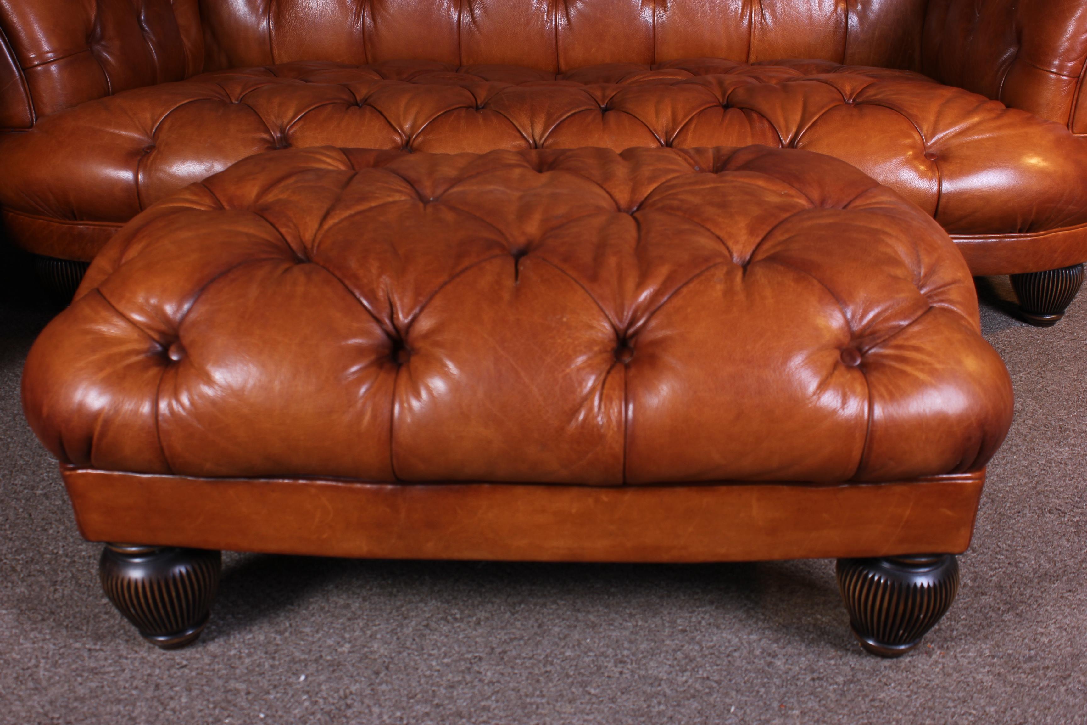 Tetrad Oskar Buffalo Leather Chesterfield Sofa Chair and Footstool For Sale 1