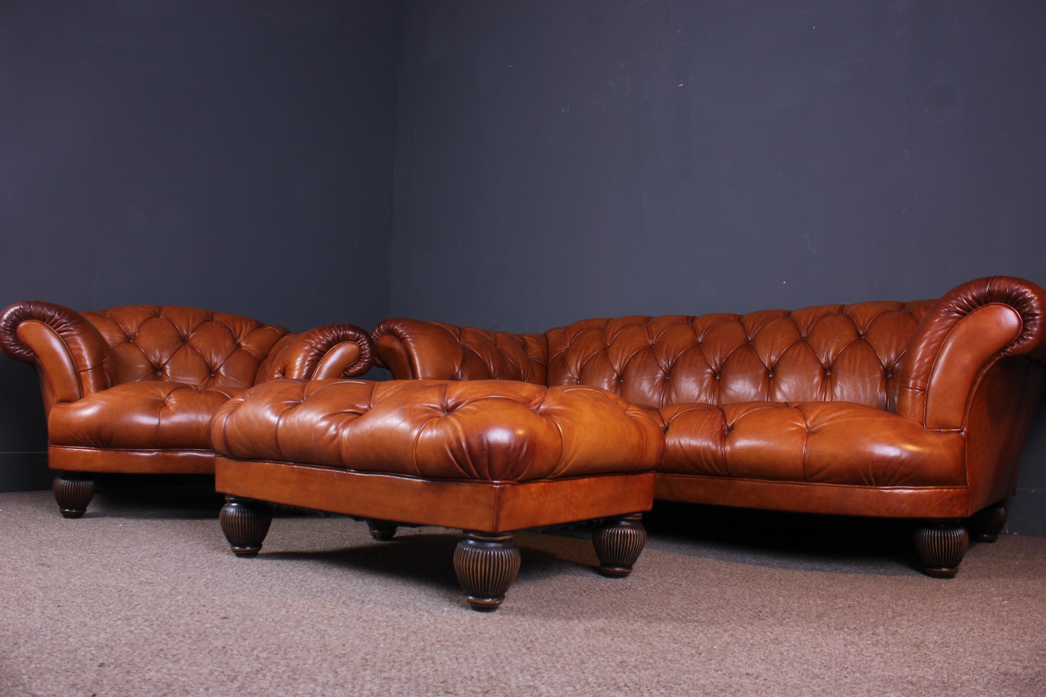 English Tetrad Oskar Buffalo Leather Chesterfield Sofa Chair and Footstool For Sale