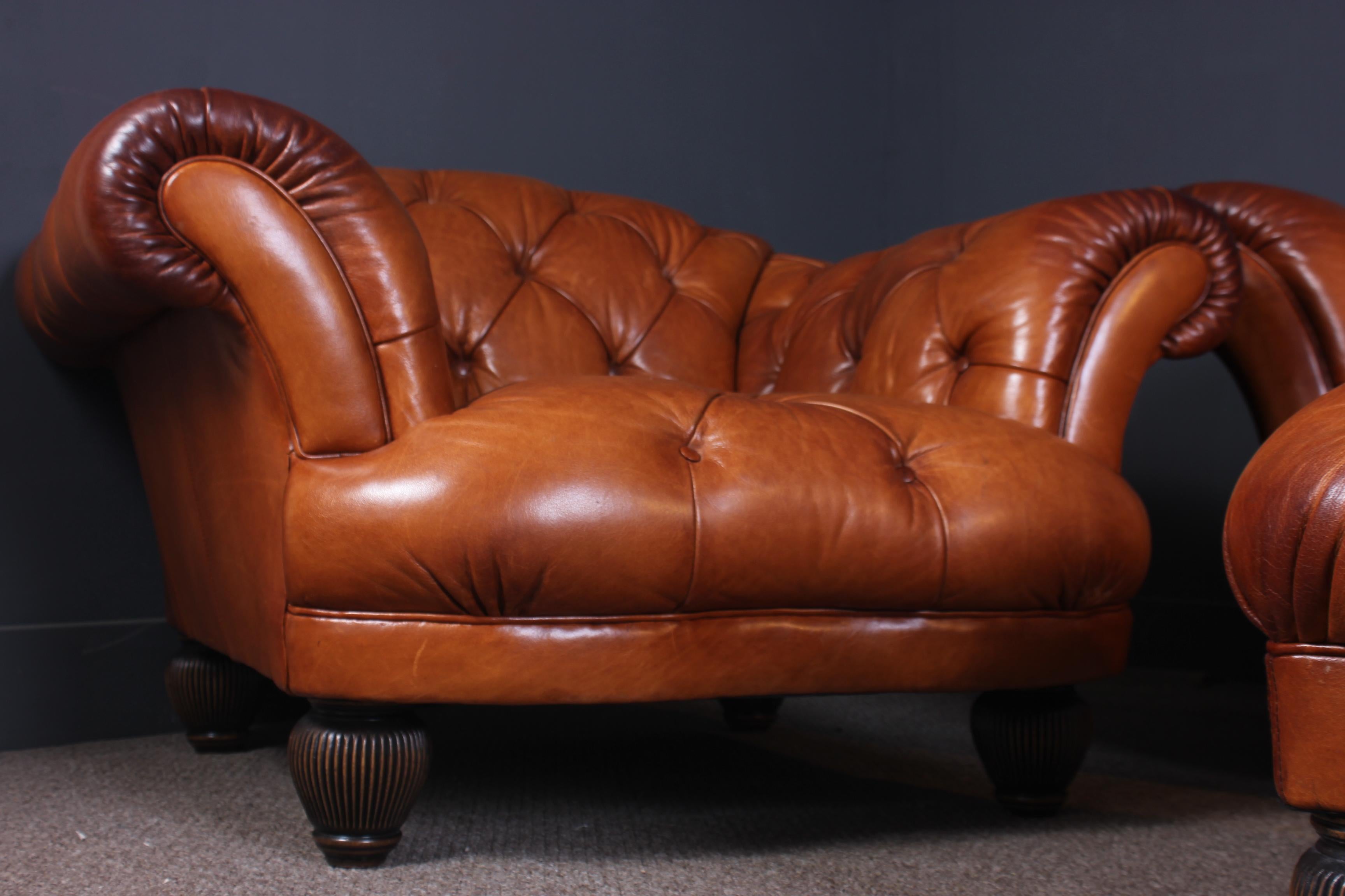 Hand-Crafted Tetrad Oskar Buffalo Leather Chesterfield Sofa Chair and Footstool For Sale