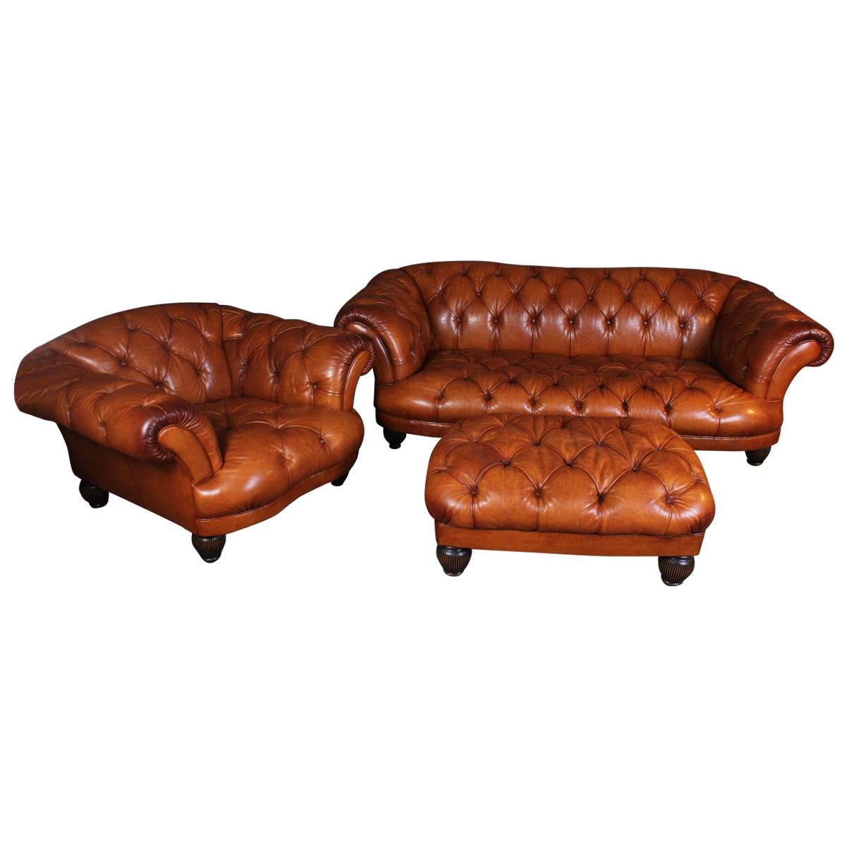 Tetrad Oskar Buffalo Leather Chesterfield Sofa Chair and Footstool For Sale