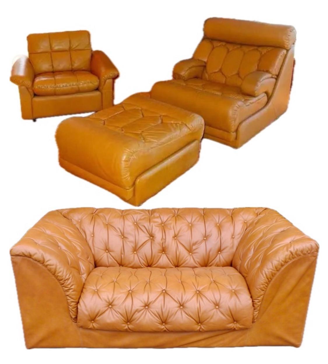 Tetrad Solo Sillón y otomana de cuero de los años 70 en venta 5