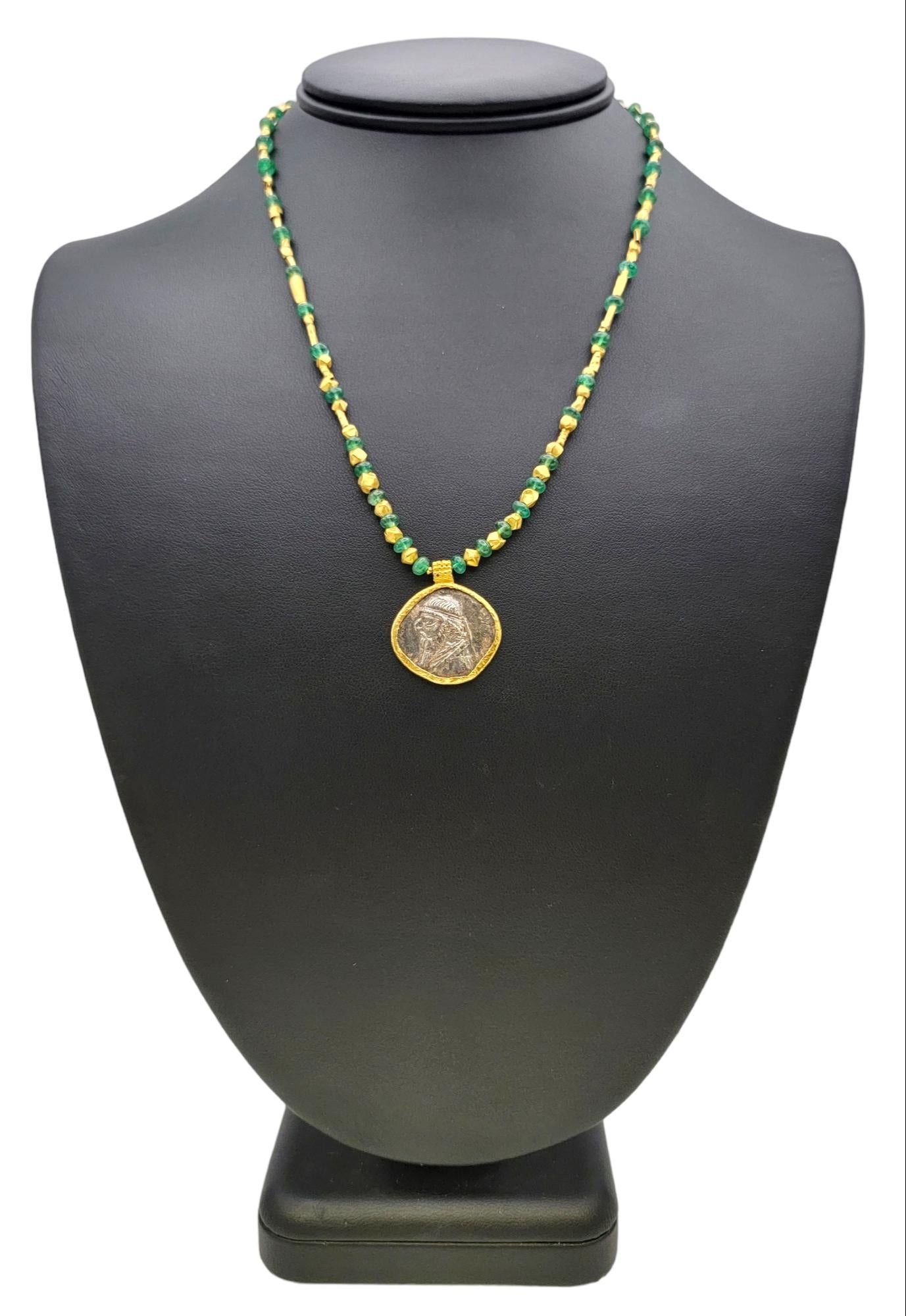 Tetradrachm of Mithridates II Silver Coin Pendant and Emerald Necklace 22 Karat For Sale 6