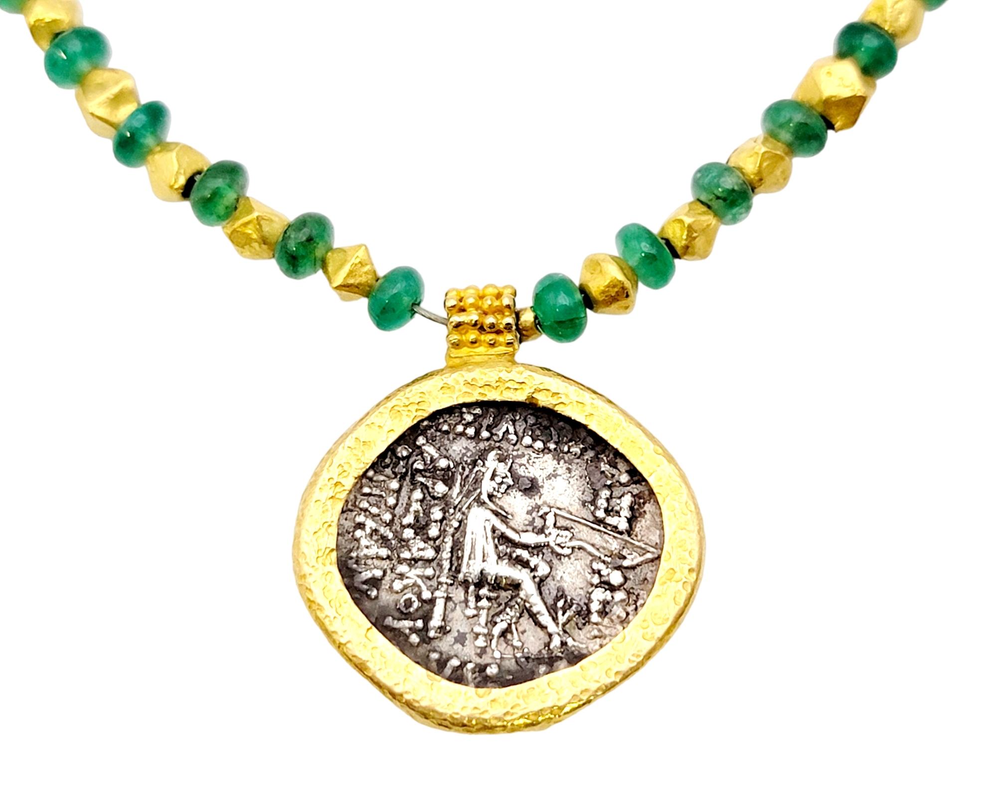 Hellénistique Tetradrachm of Mithridates II, pendentif pièce de monnaie en argent et collier d'émeraude 22 carats en vente