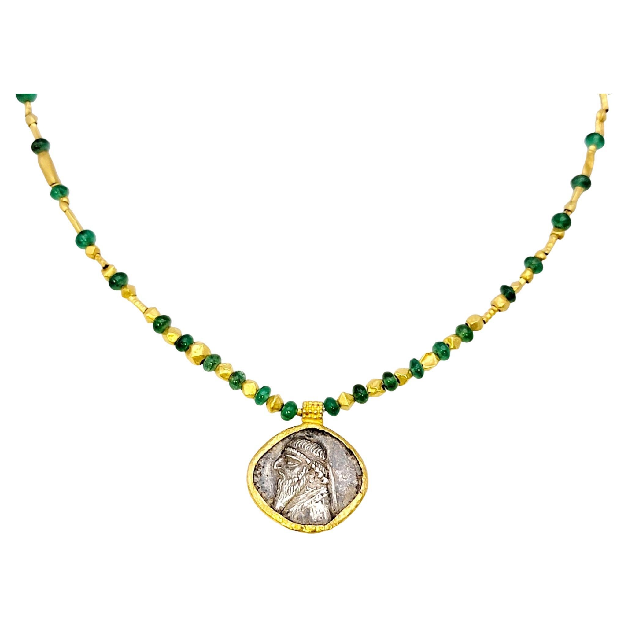 Bead Tetradrachm of Mithridates II Silver Coin Pendant and Emerald Necklace 22 Karat For Sale