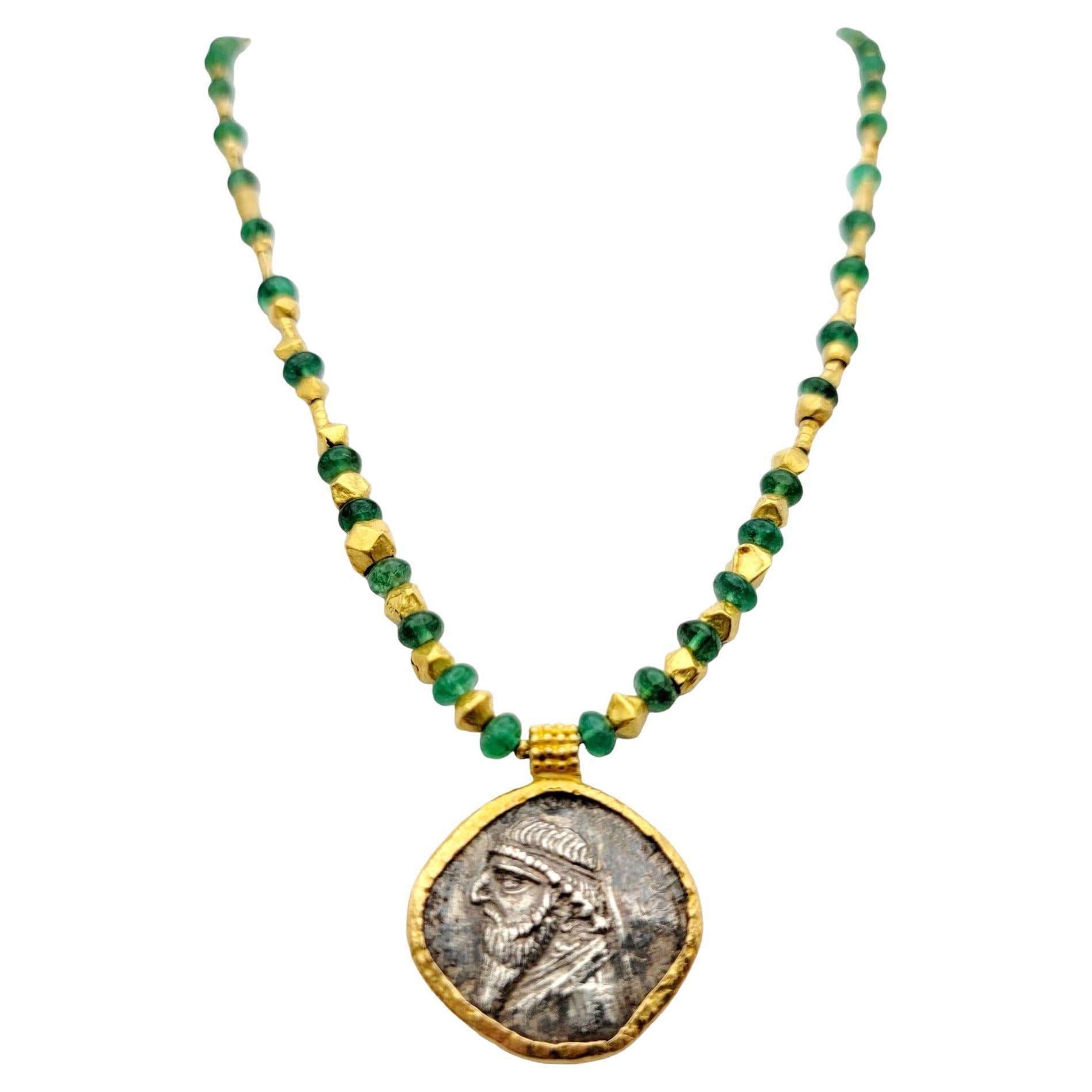 Tetradrachm of Mithridates II Silver Coin Pendant and Emerald Necklace 22 Karat For Sale