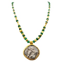 Antique Tetradrachm of Mithridates II Silver Coin Pendant and Emerald Necklace 22 Karat