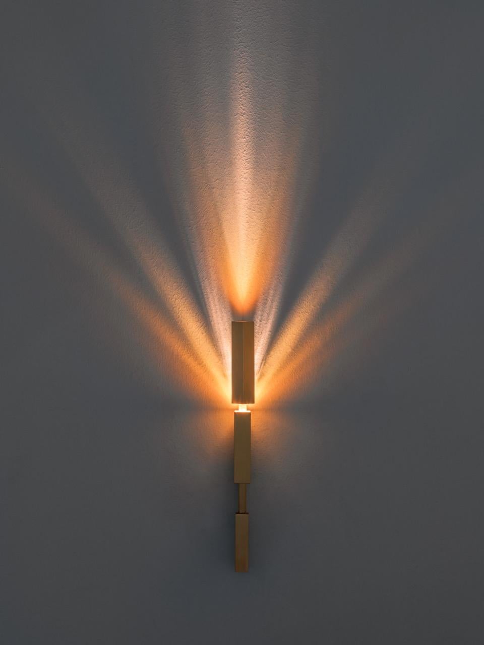 Tetra is a brass wall sconce that scatters light into multiple rays with varying colour temperatures. The lamp is interactive and can be manually adjusted to modify the intensity and projection pattern: A reimagined dimming effect.

The wall lamp