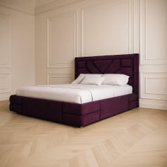 Tetris Bed, California King-Size w Geometric Headboard In Velvet