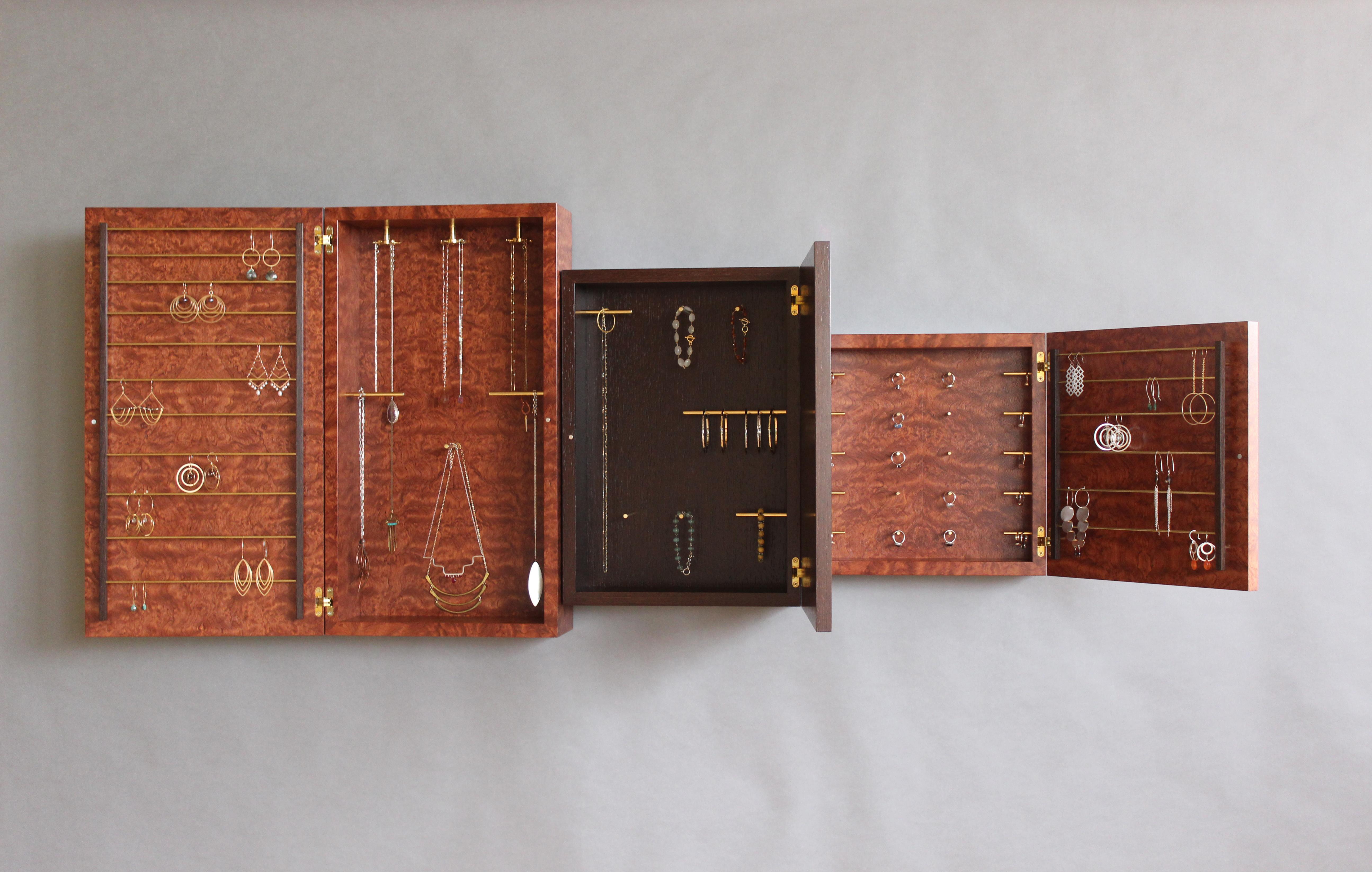 Modern Tetris Jewelry case III shown in quilted bubinga, wenge, & brass by Adam Bentz  For Sale