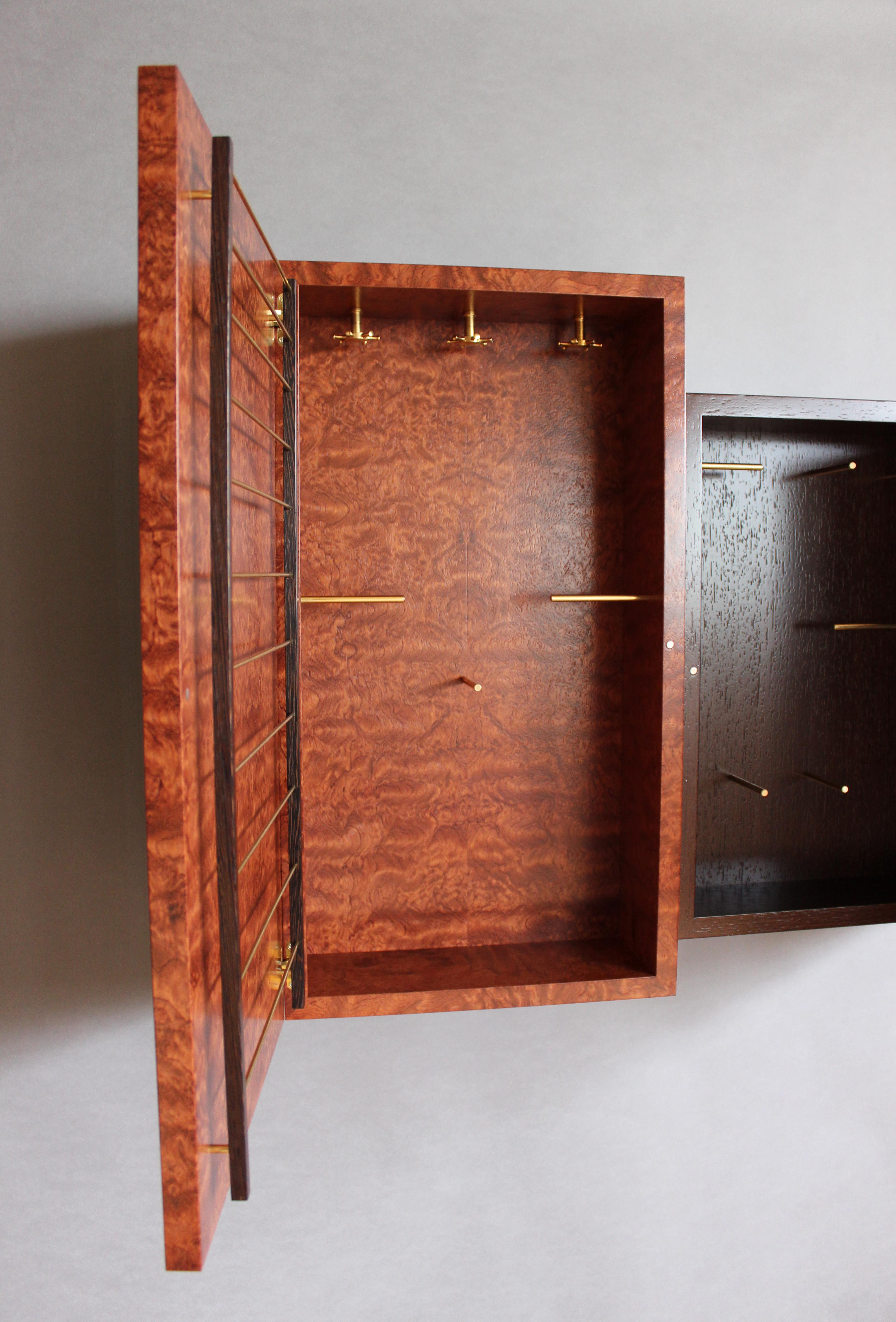 Woodwork Tetris Jewelry case III shown in quilted bubinga, wenge, & brass by Adam Bentz  For Sale