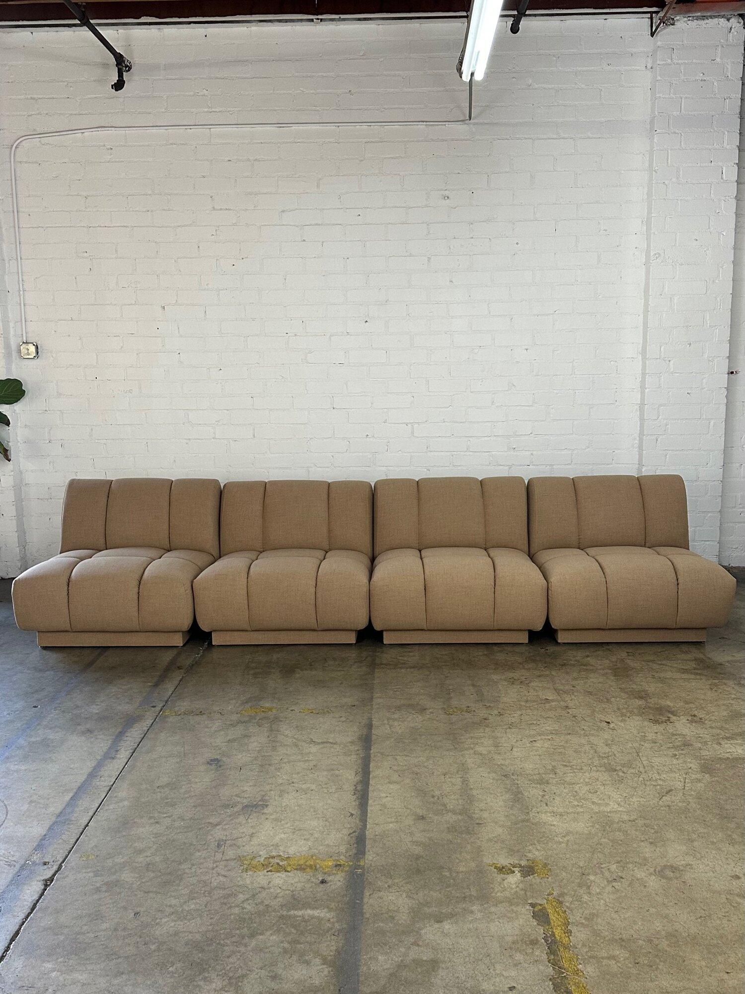 W34 D35 H30 SW32 SD23 SH15

Handcrafted Modular seating made completely in house. Great deep ample seating with a slightly reclined back rest. Sectional is being sold separately. Each unit sits on a fully upholstered plinth base. Sections features