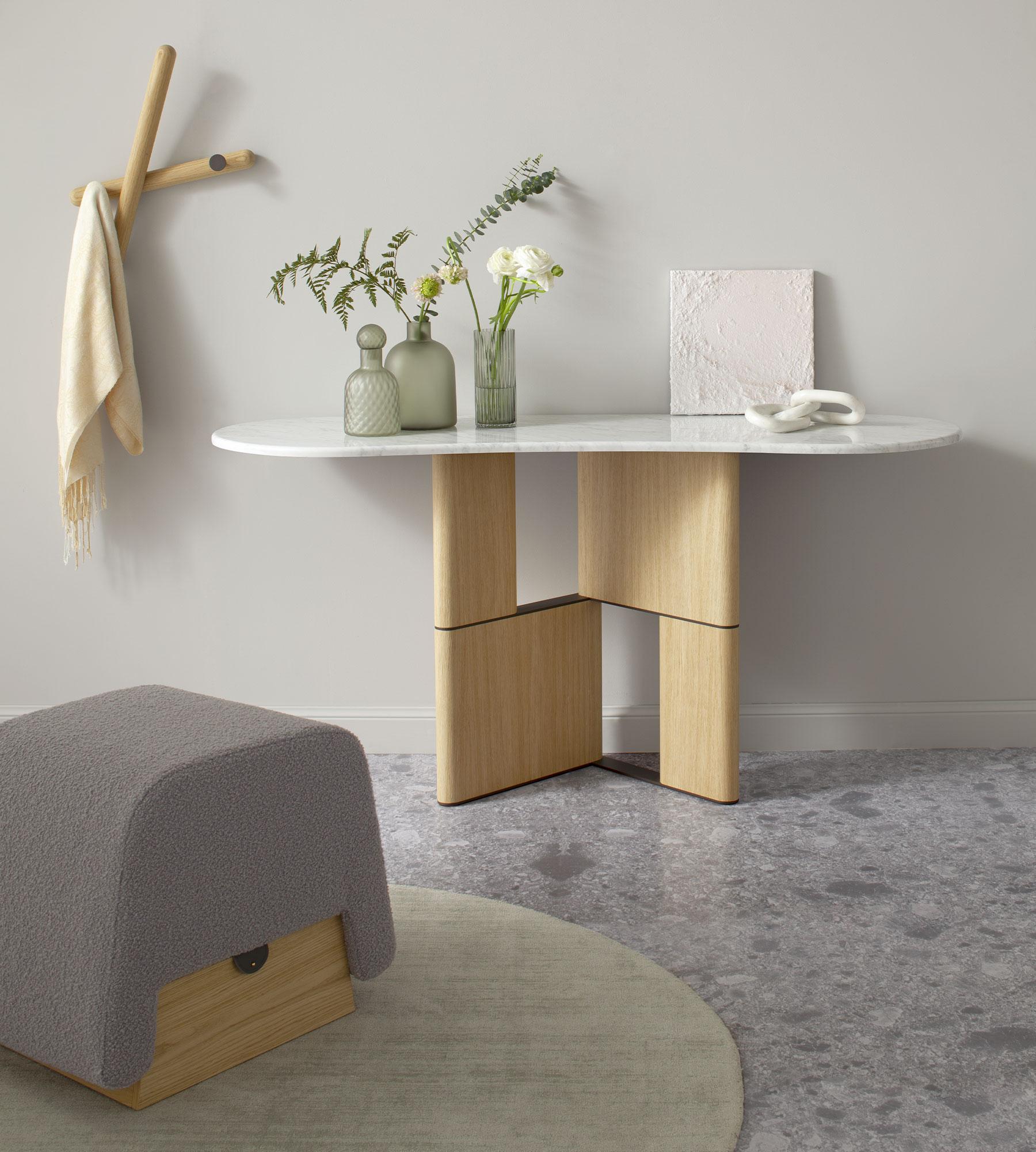 Tetris Oak and Marble Console by Morica Design
Dimensions: D 49 x W 150 x H 75 cm.
Materials: Oak, White Carrara marble, metal.

Available in Canaletto Walnut, Laguna Oak, or Oak wood. Please contact us.
Available in White Carrara or Black Marquina