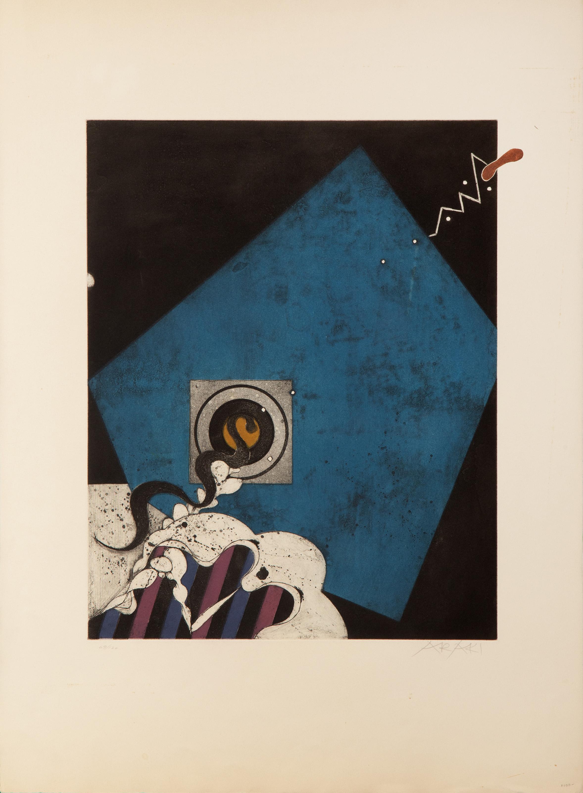 Blue Square
Tetsuo Araki, Japanese (1937–1984)
Date: circa 1970
Etching with Aquatint, signed and numbered in pencil
Edition of 69/120
Image Size: 19.5 x 15.5 inches
Size: 30 x 22 in. (76.2 x 55.88 cm)