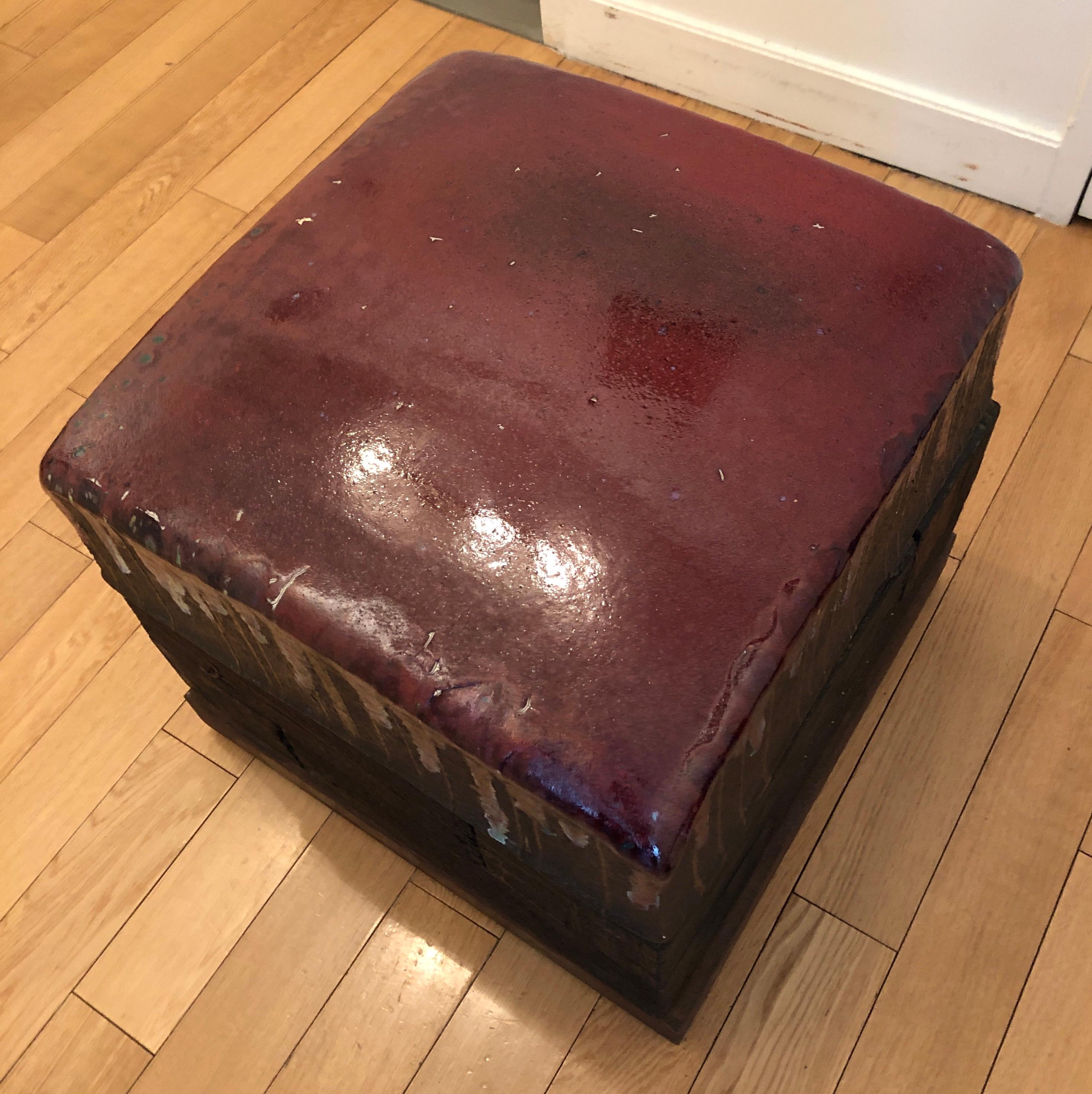 Created by noted Japanese artist Tetsuya Yamada in 1998 this sculptural box/seat features fascinating combination of materials including antique wood, ceramic, various glazes, metal and wheels.