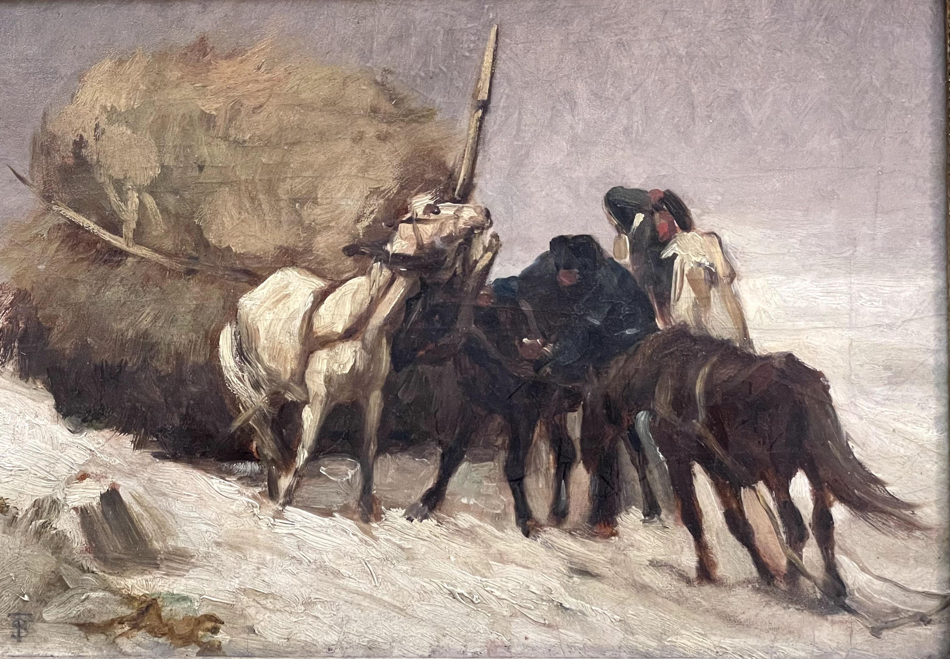 Teutward SCHMITSON (1830-1863) - Winterszene mit Pferden und Wagen
Medium: Öl auf Leinwand
Gerahmt Abmessungen: 34 x 42 cm
Abmessungen der Leinwand: 19 x 29 cm
Unterschrift: Untere rechte Ecke
Ein fesselndes Ölgemälde aus dem 19. Jahrhundert von