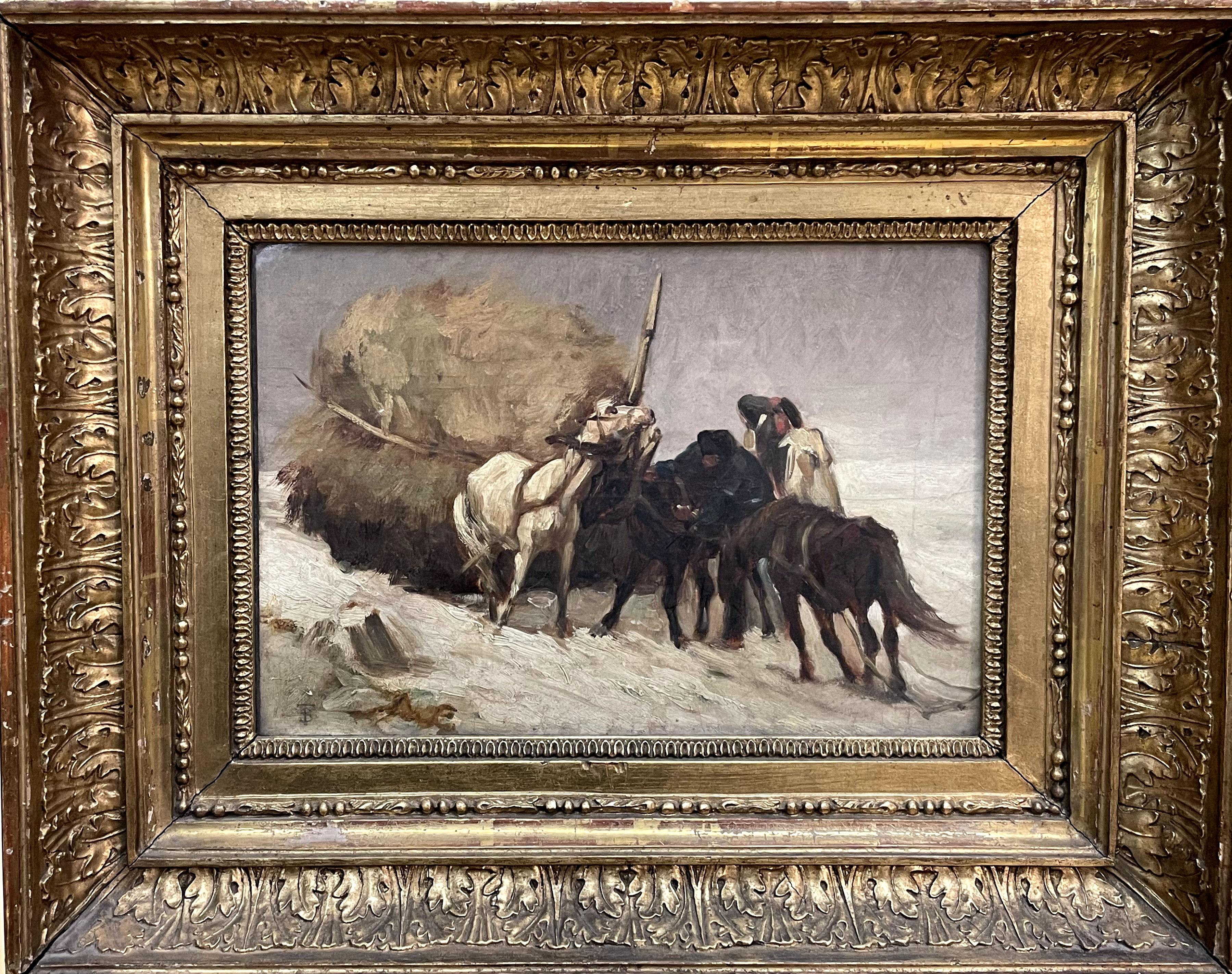 "Winter Scene with Horses and Cart"