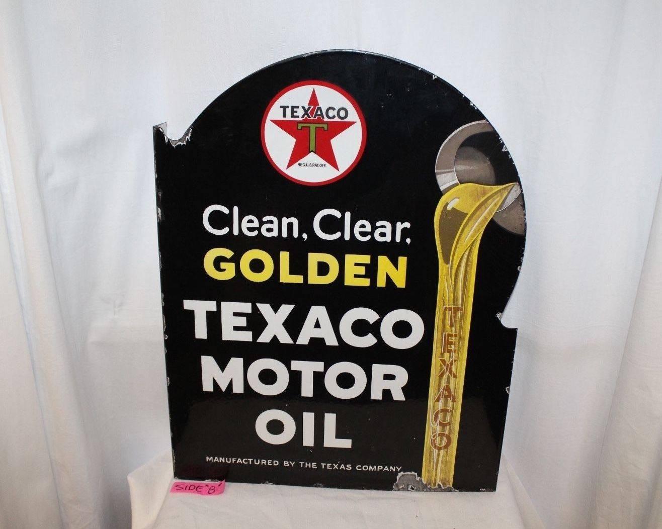 American Texaco Golden Motor Oil D.S. Porcelain Advertising Flange Sign, 1930s For Sale