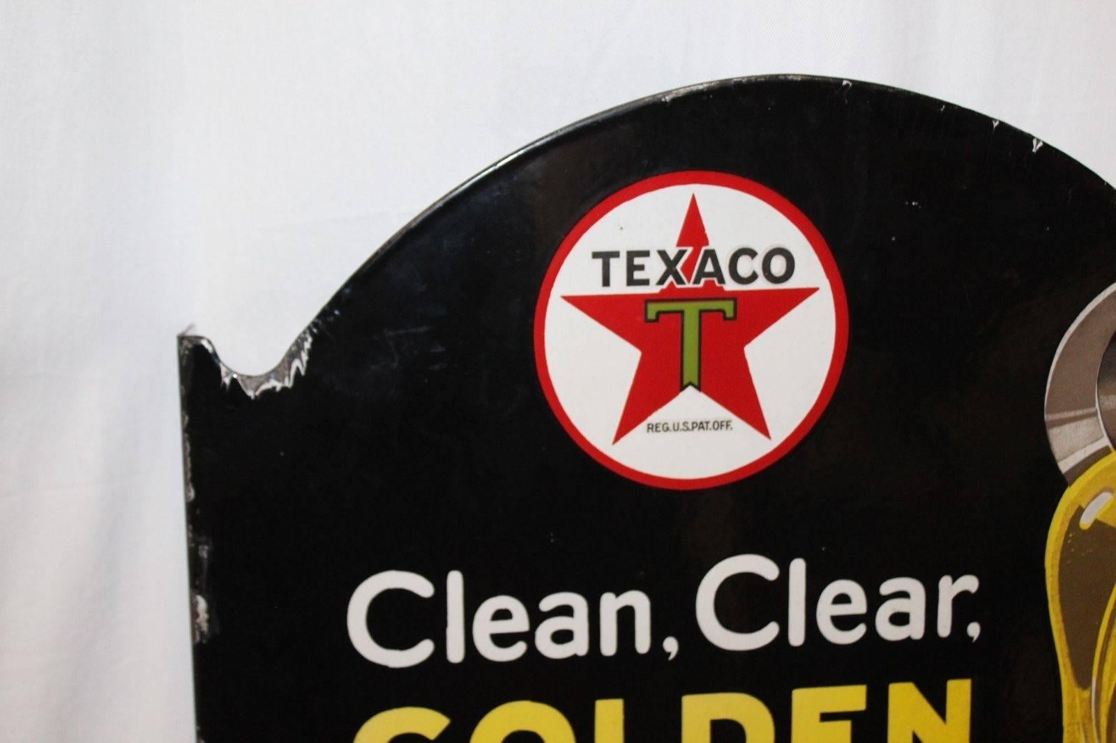 Texaco Golden Motor Oil D.S. Porcelain Advertising Flange Sign, 1930s In Good Condition For Sale In Orange, CA