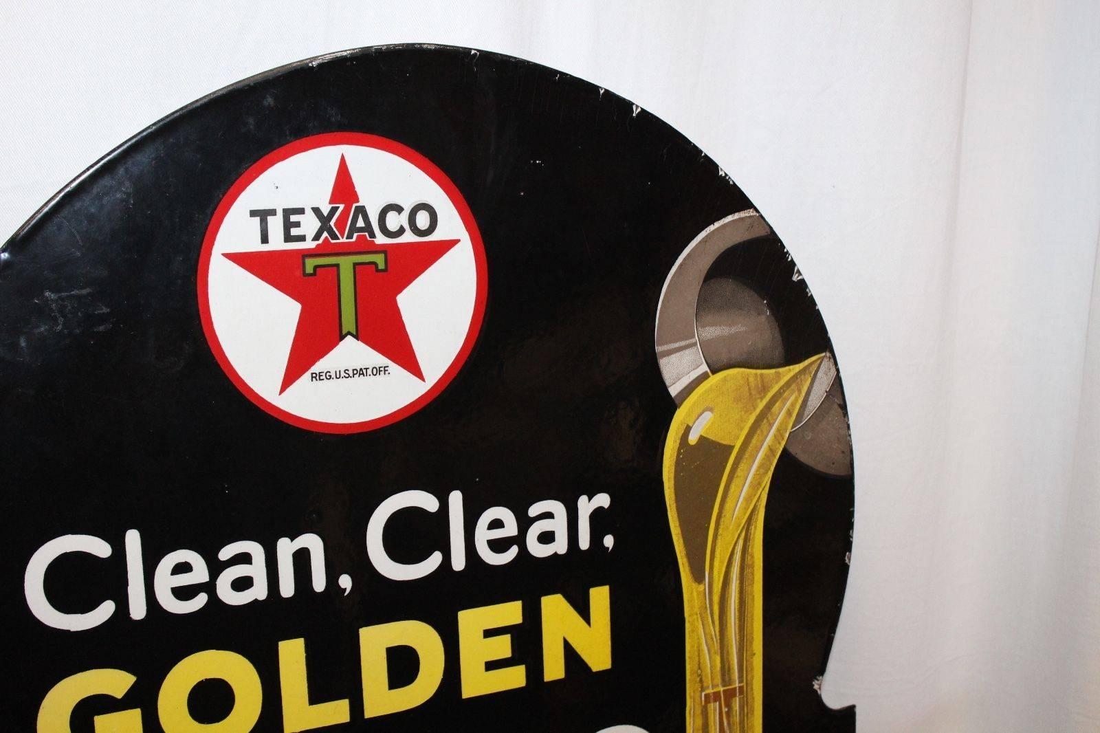 Mid-20th Century Texaco Golden Motor Oil D.S. Porcelain Advertising Flange Sign, 1930s For Sale