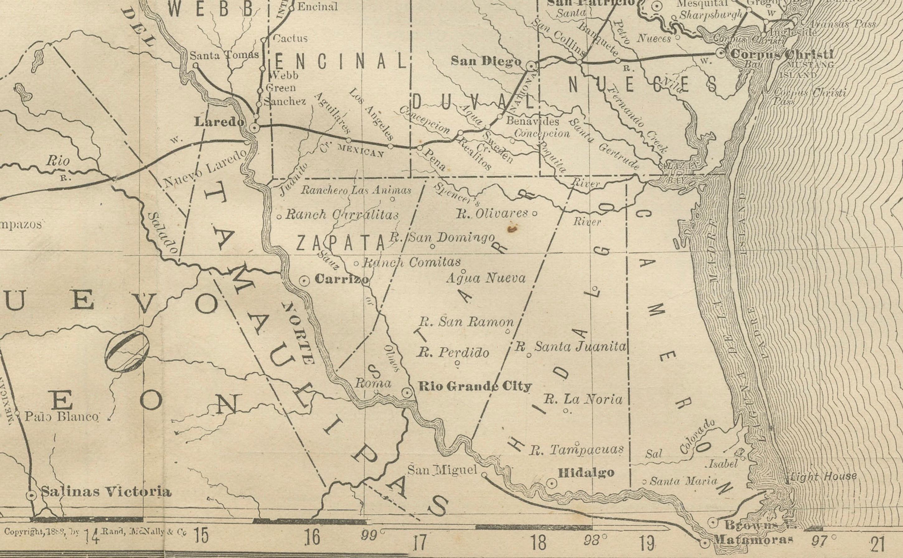 Mappa antica del Texas 1888 - Ferrovie, contee e insediamenti di frontiera in vendita 3