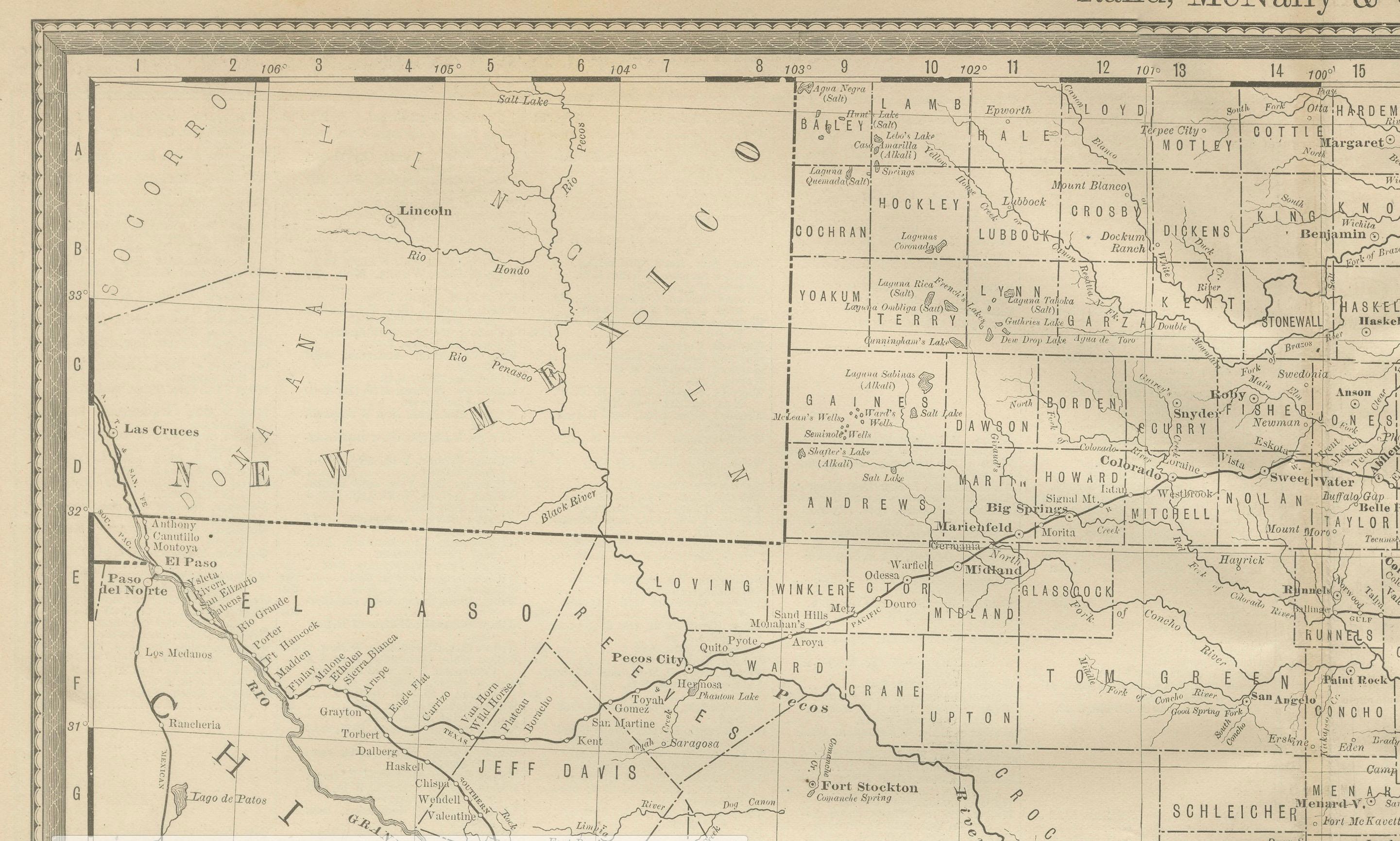 Mappa della ferrovia del Texas del 1888 - litografia antica di Rand McNally

Questa antica mappa del Texas del 1888, pubblicata da Rand, McNally & Co., fornisce una panoramica dettagliata dello stato durante un'epoca critica di espansione e