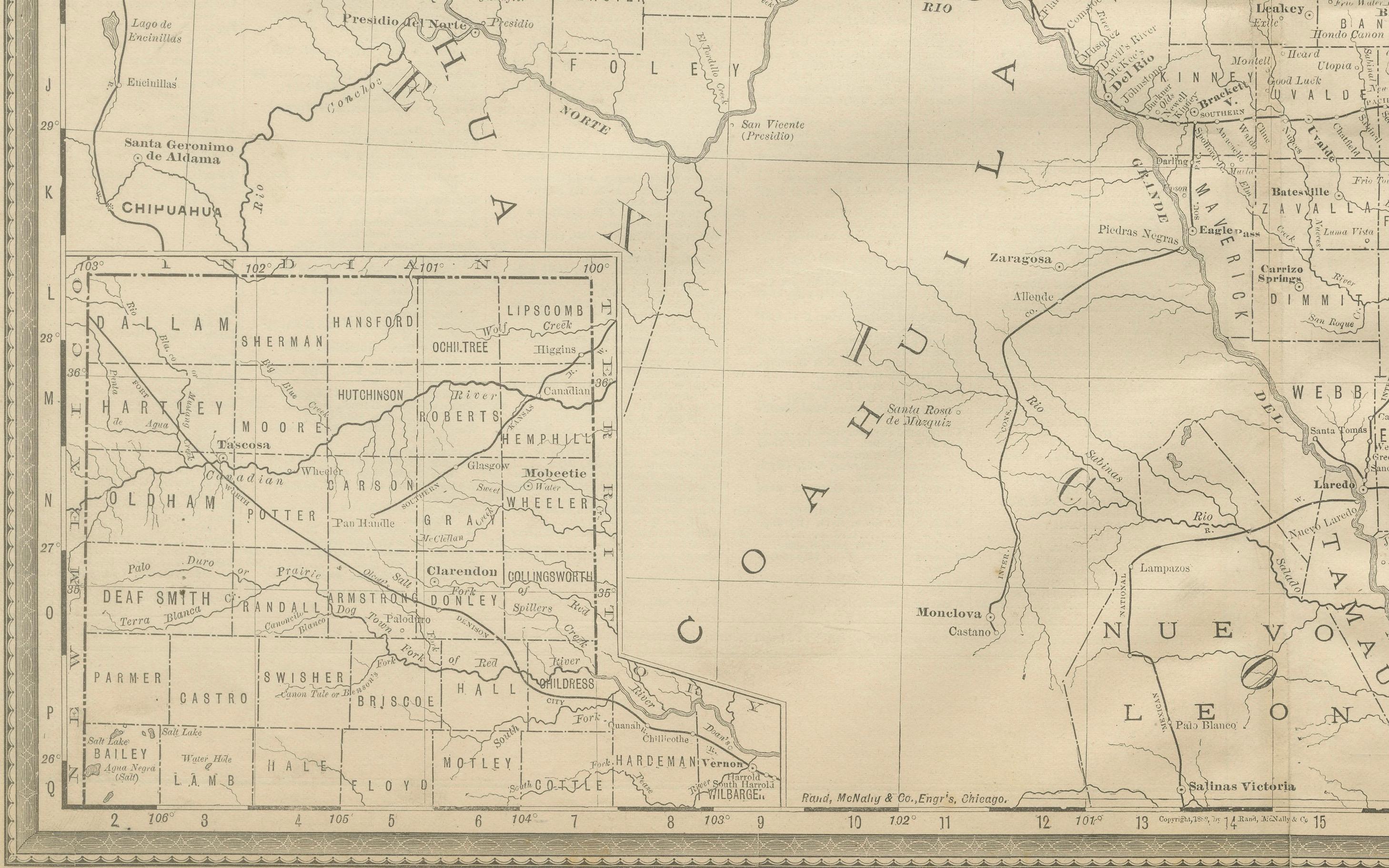 Americano Mappa antica del Texas 1888 - Ferrovie, contee e insediamenti di frontiera in vendita