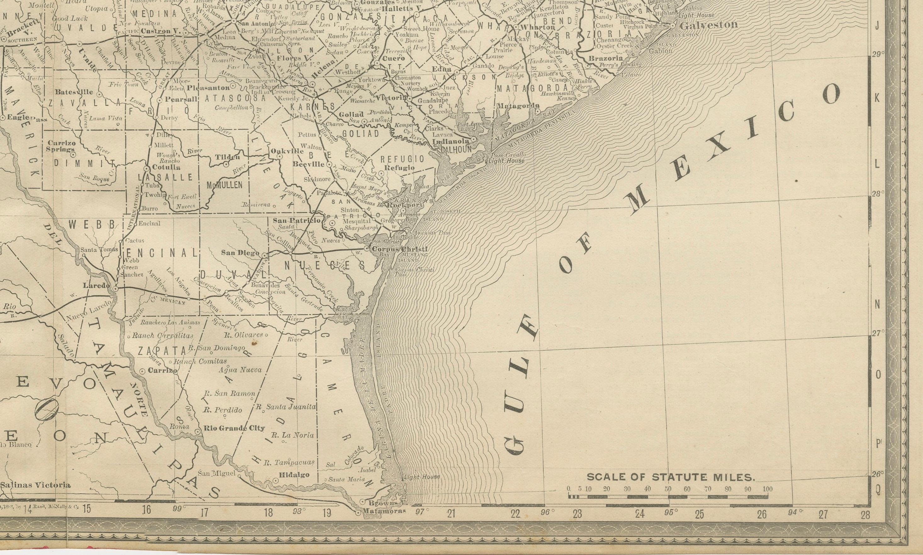 Inciso Mappa antica del Texas 1888 - Ferrovie, contee e insediamenti di frontiera in vendita