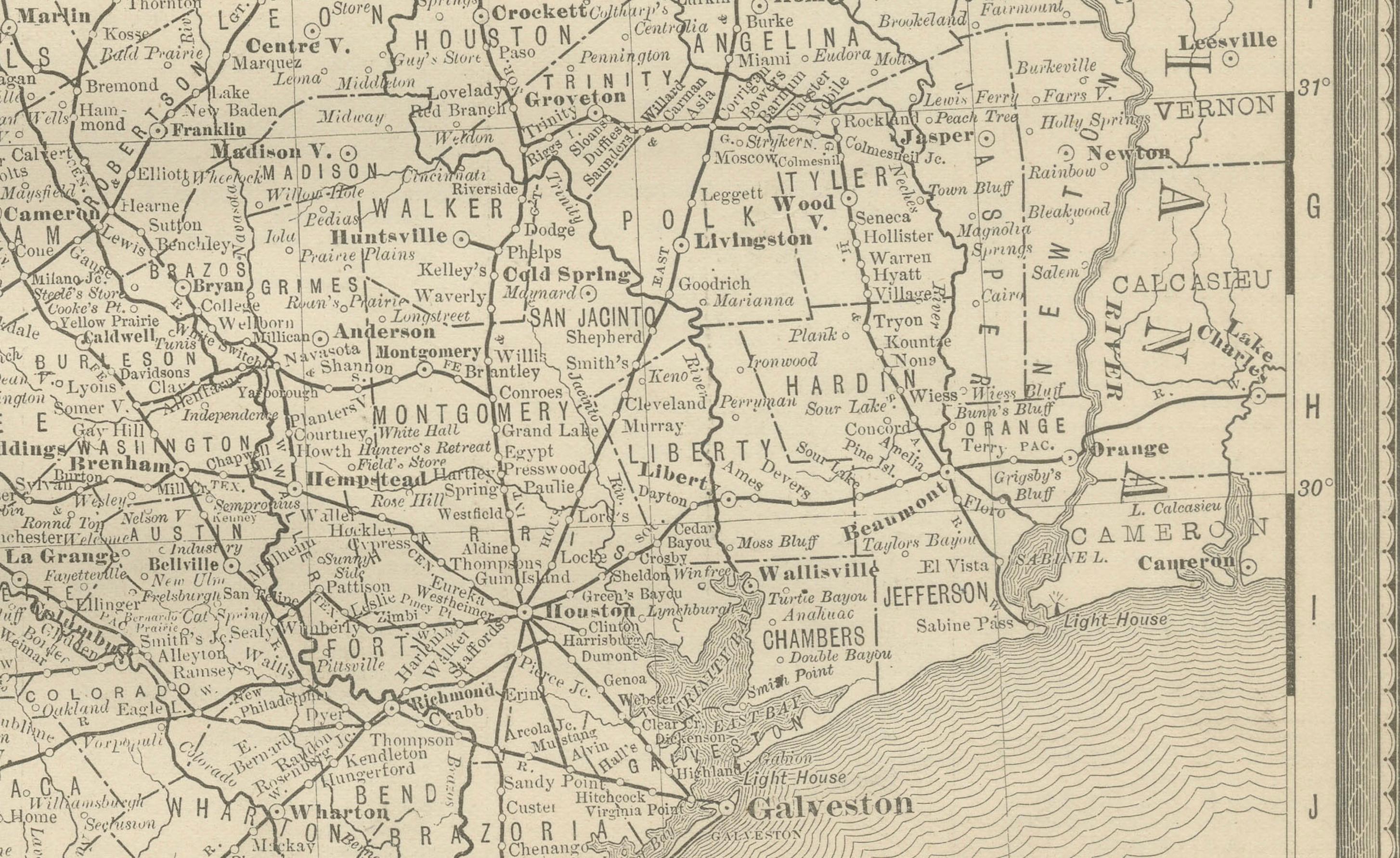Mappa antica del Texas 1888 - Ferrovie, contee e insediamenti di frontiera In condizioni buone in vendita a Langweer, NL