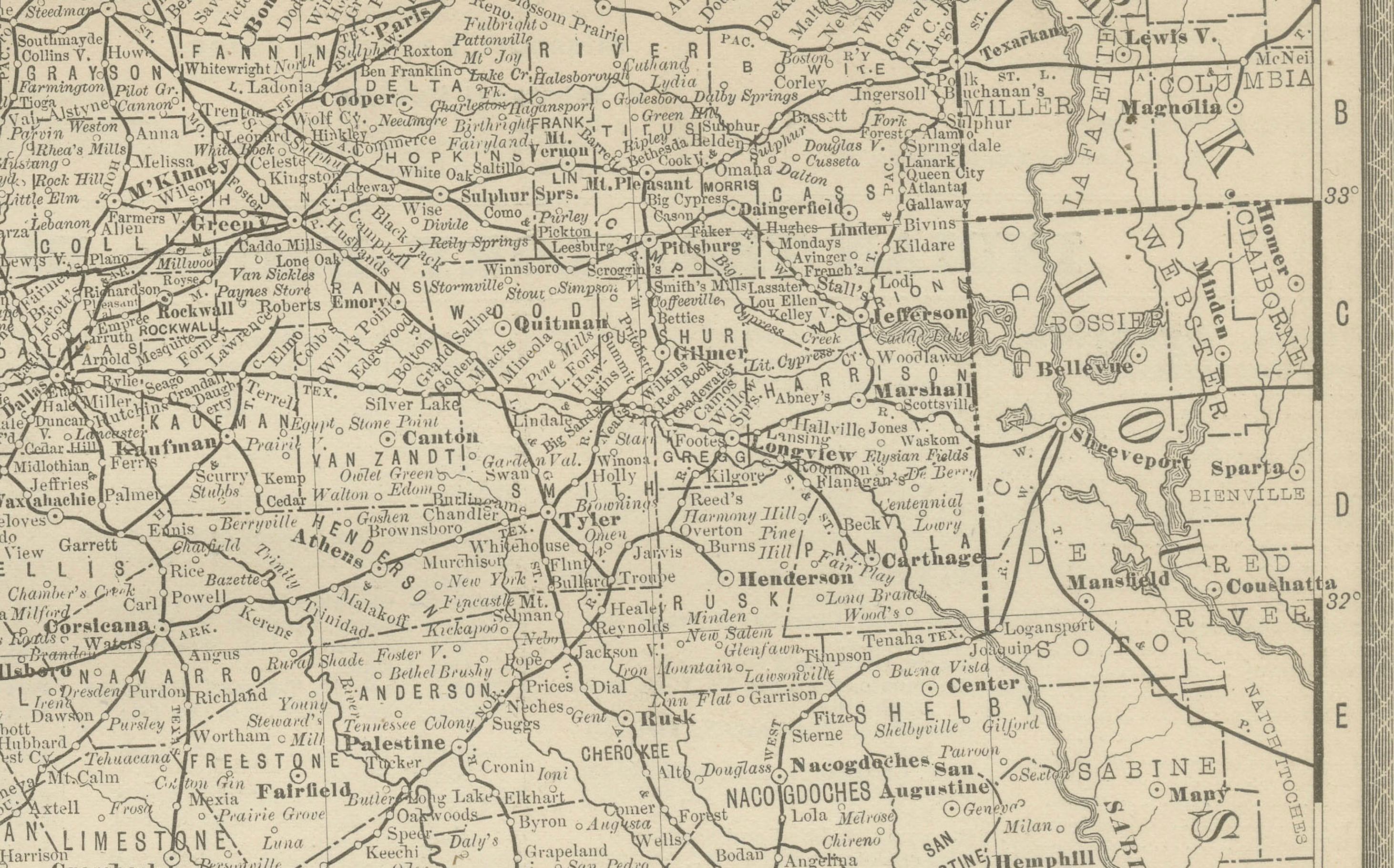 XIX secolo Mappa antica del Texas 1888 - Ferrovie, contee e insediamenti di frontiera in vendita