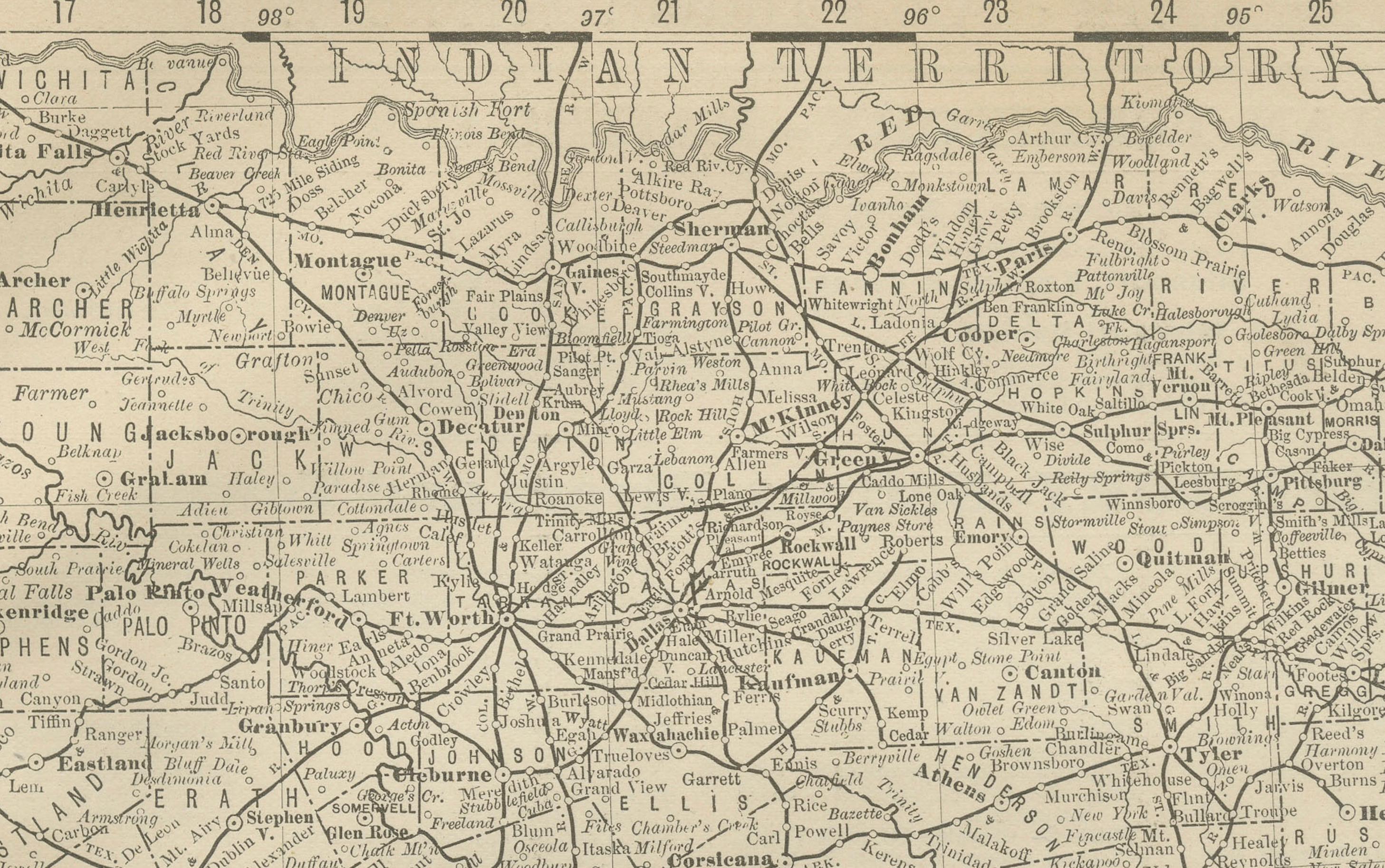 Carta Mappa antica del Texas 1888 - Ferrovie, contee e insediamenti di frontiera in vendita