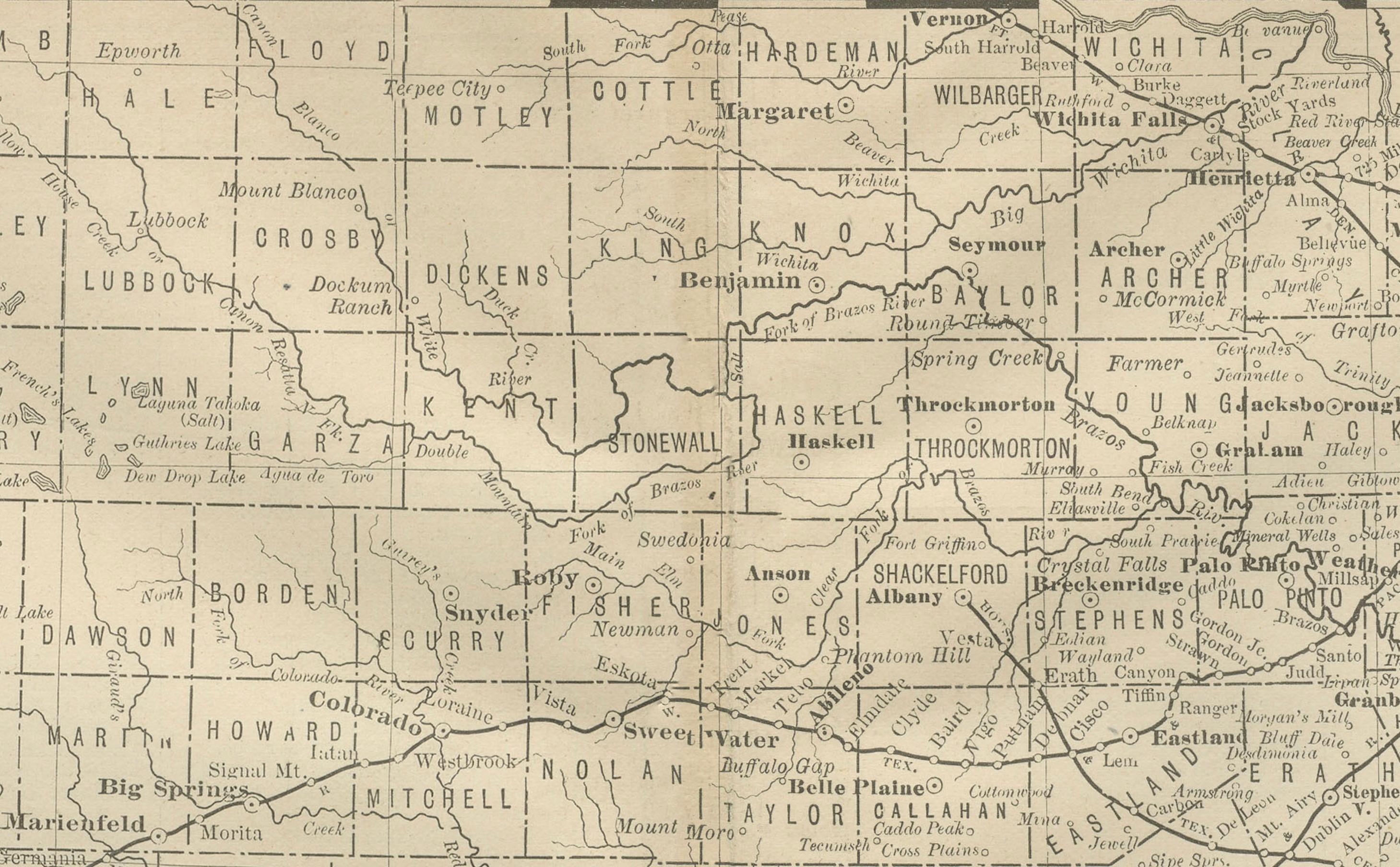 Mappa antica del Texas 1888 - Ferrovie, contee e insediamenti di frontiera in vendita 1