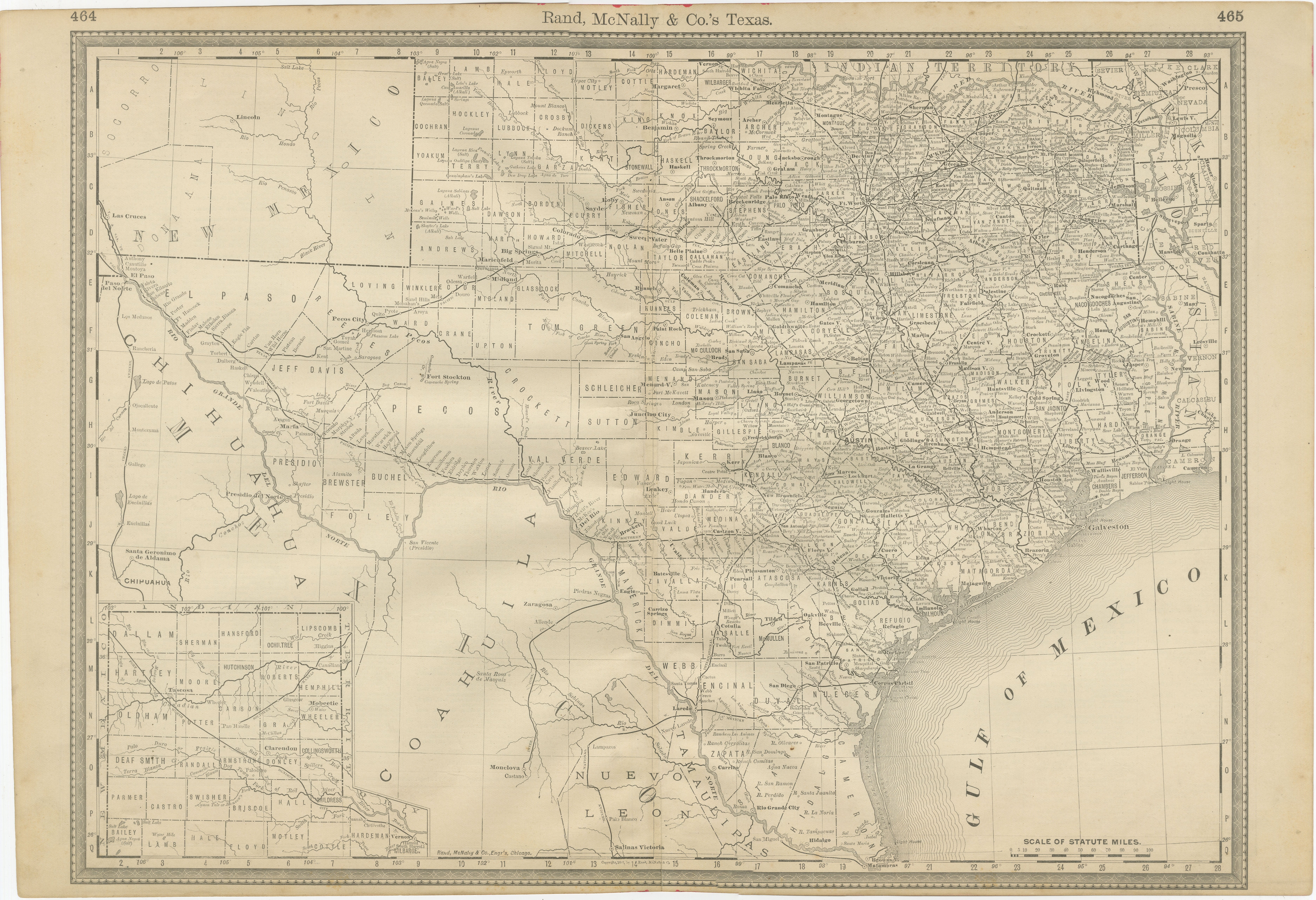 Mappa antica del Texas 1888 - Ferrovie, contee e insediamenti di frontiera